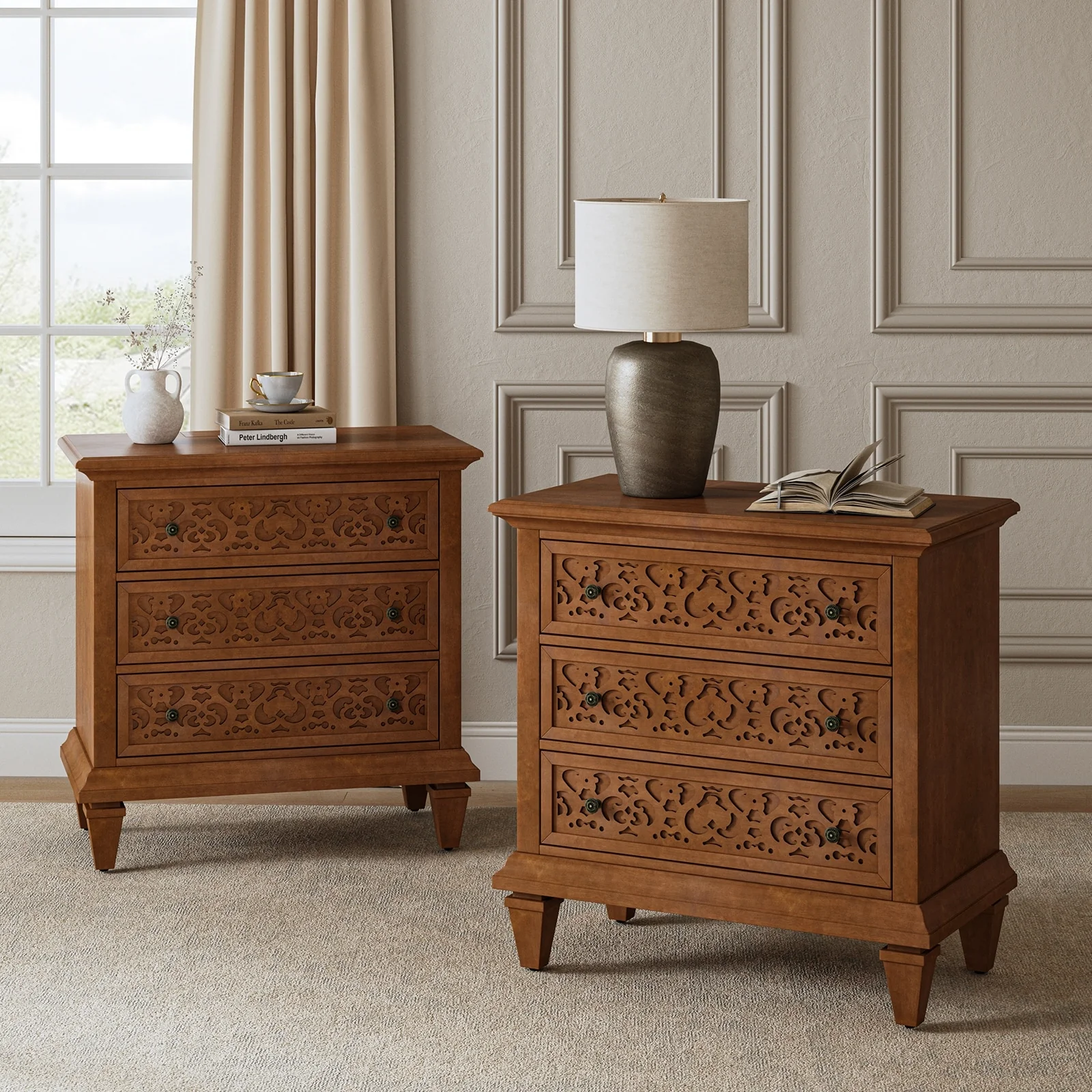 Vittorio Transitional 3 - Drawer Nightstand with Built-In Outlets Set of 2 by HULALA HOME