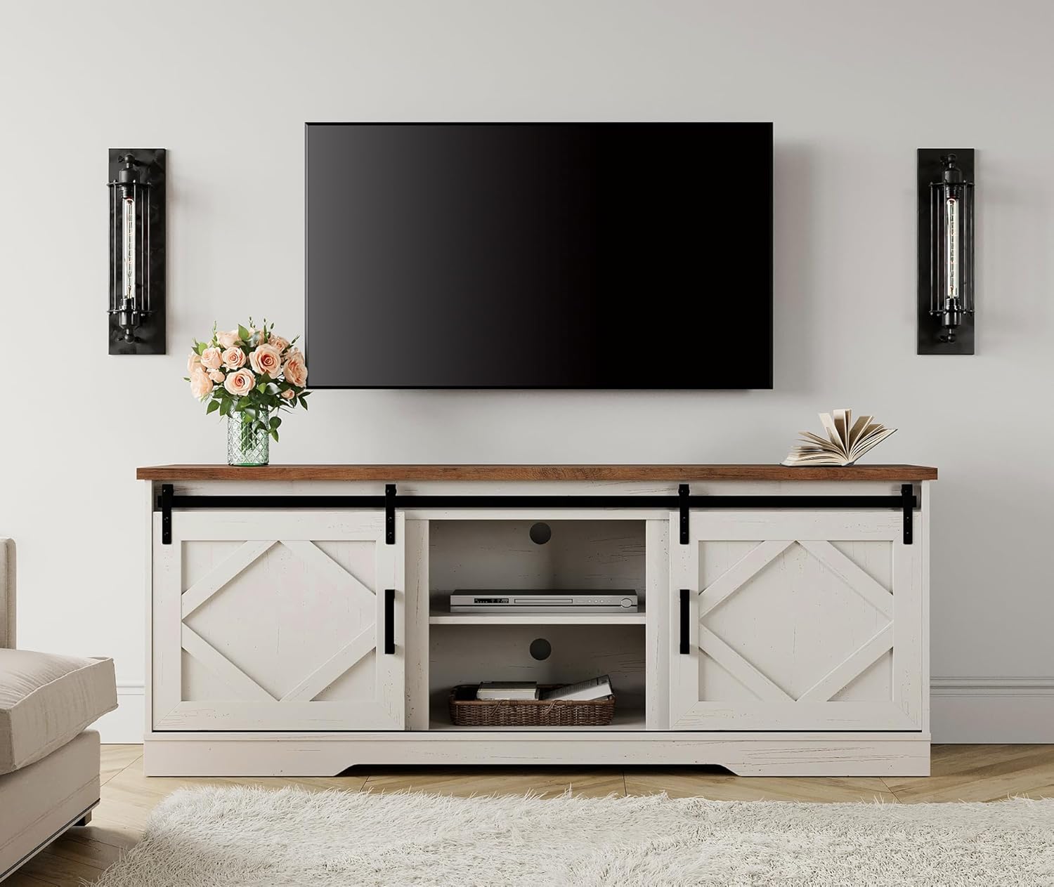 WAMPAT Modern Farmhouse TV Stand for TVs up to 75 with Sliding Barn Doors, 25.6 H Wood Entertainment Center with Adjustable Media Storage Shelf for Living Room, Antique White