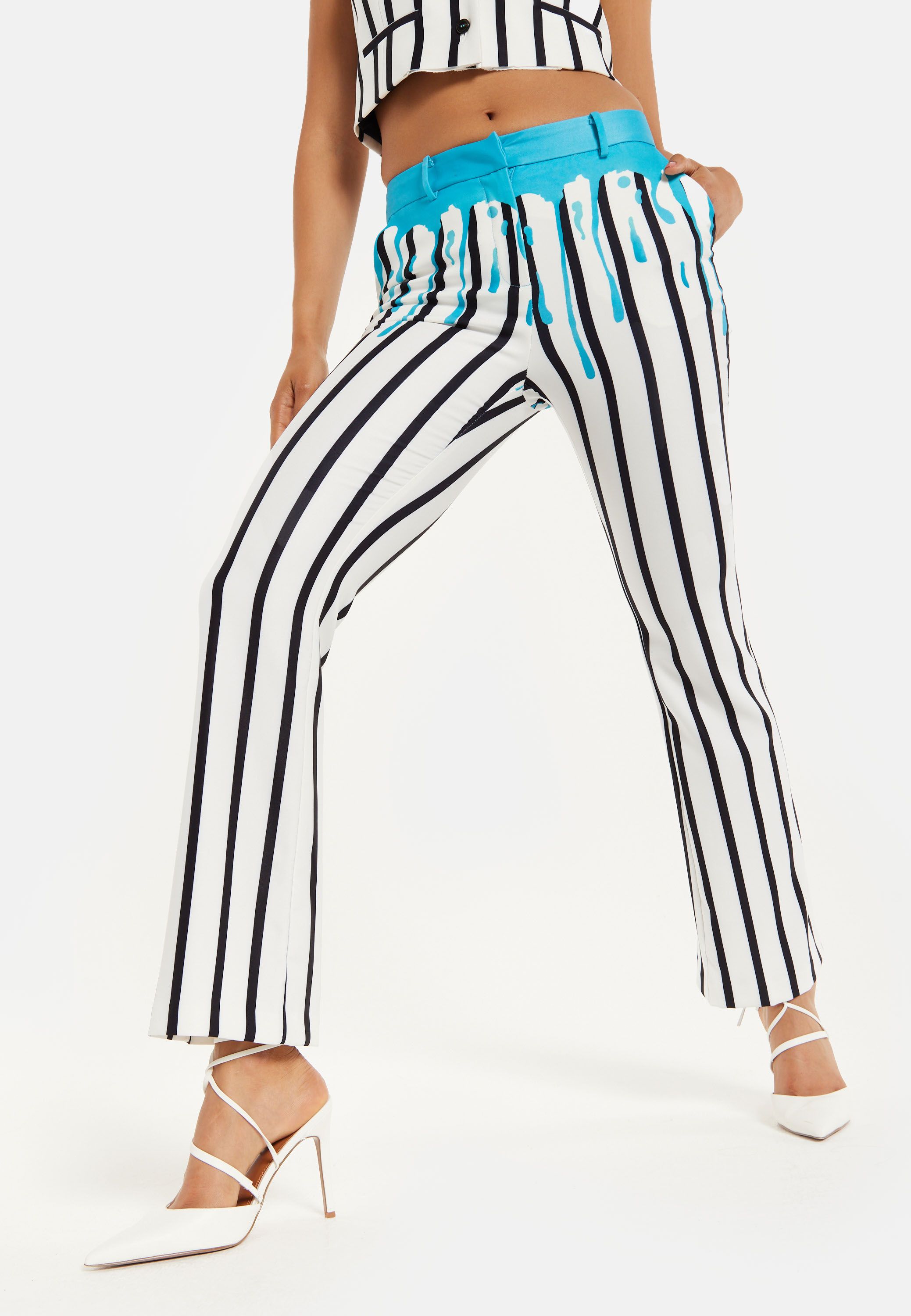 House of Holland Stripe Monochrome Blue Drip Printed Trousers