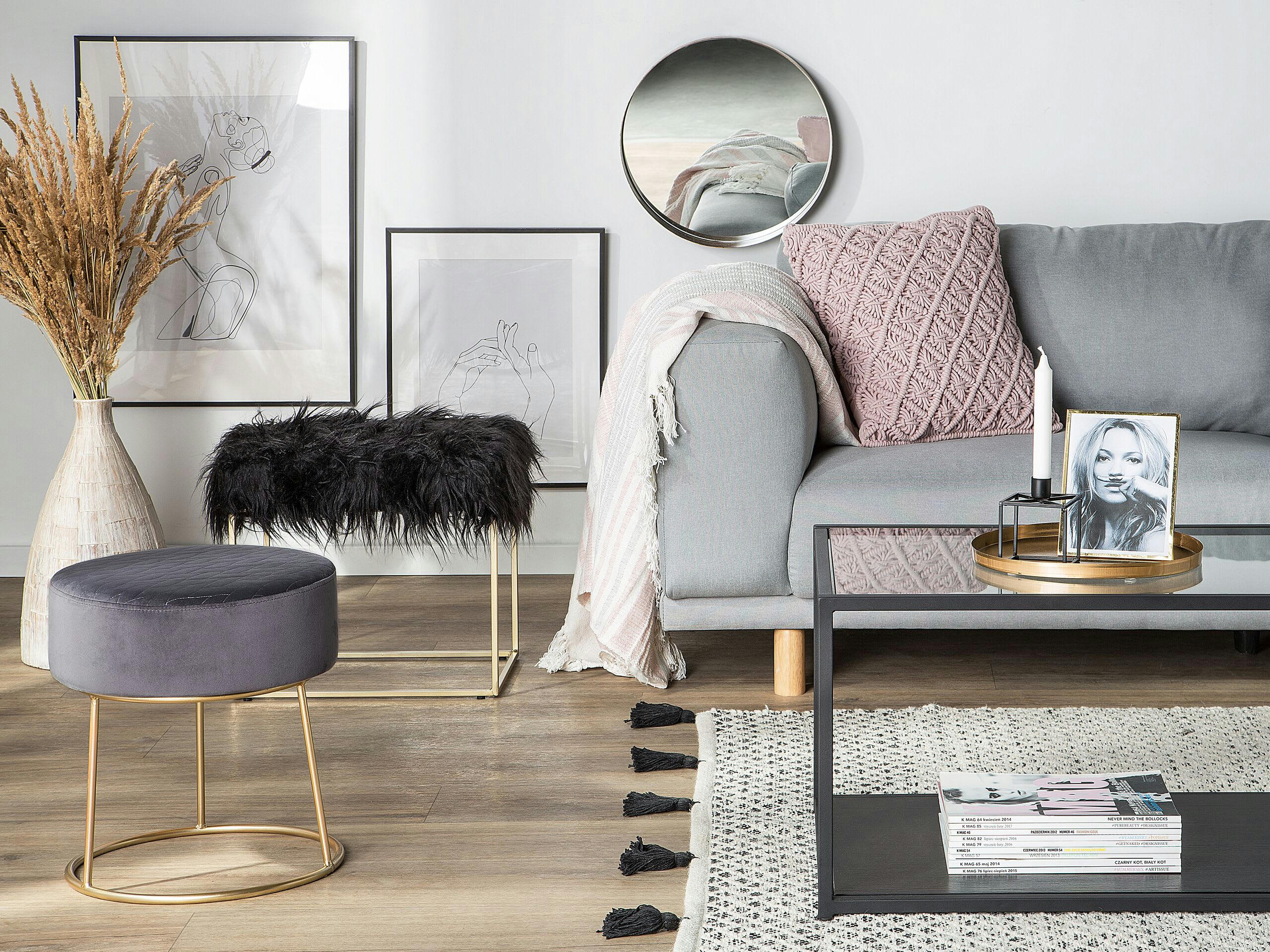 MANHATTAN - Tabouret en fausse fourrure noire