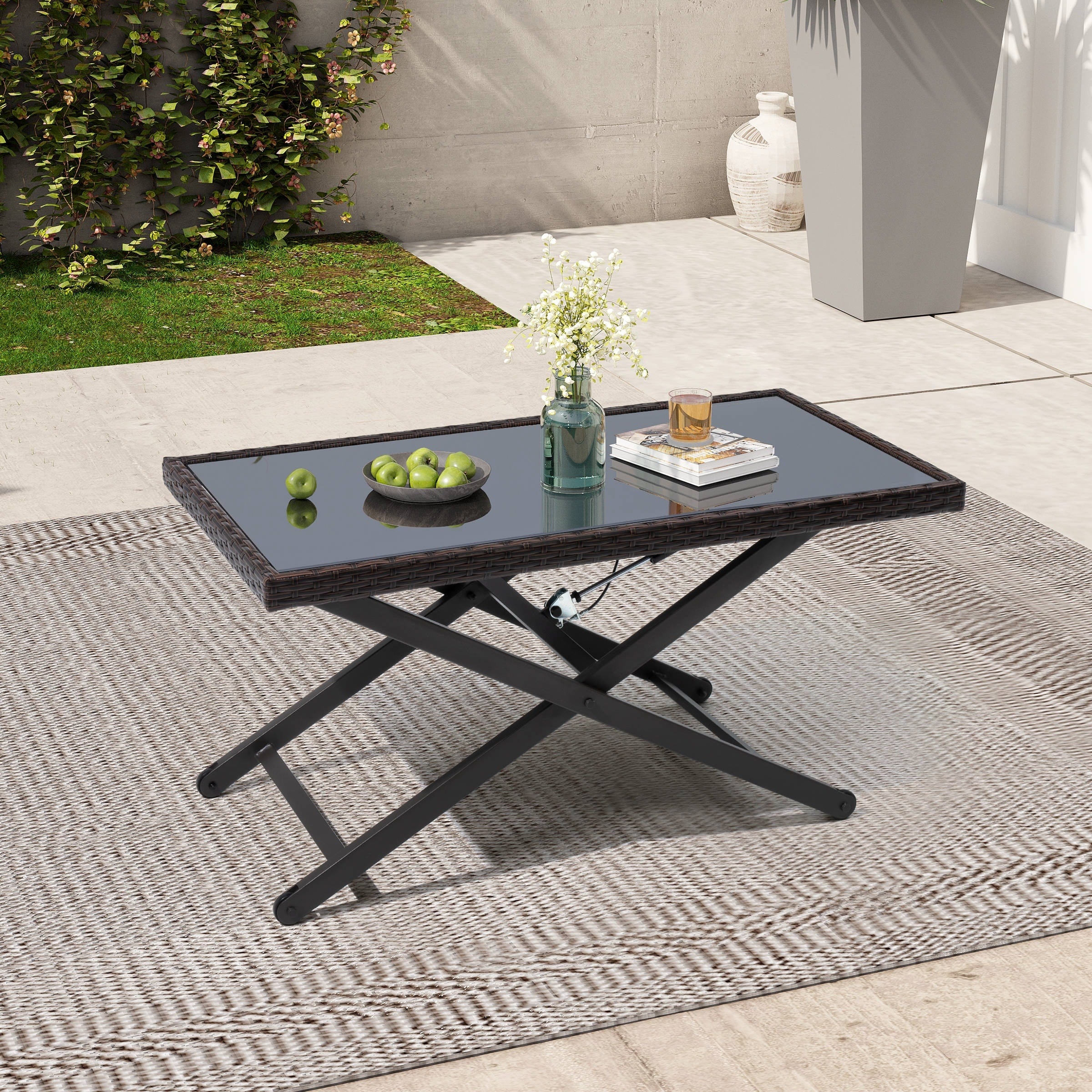 Outdoor Coffee Table Side Table Fits with Conversation Set, PE Rattan & Glass Tabletop, Adjustable Height