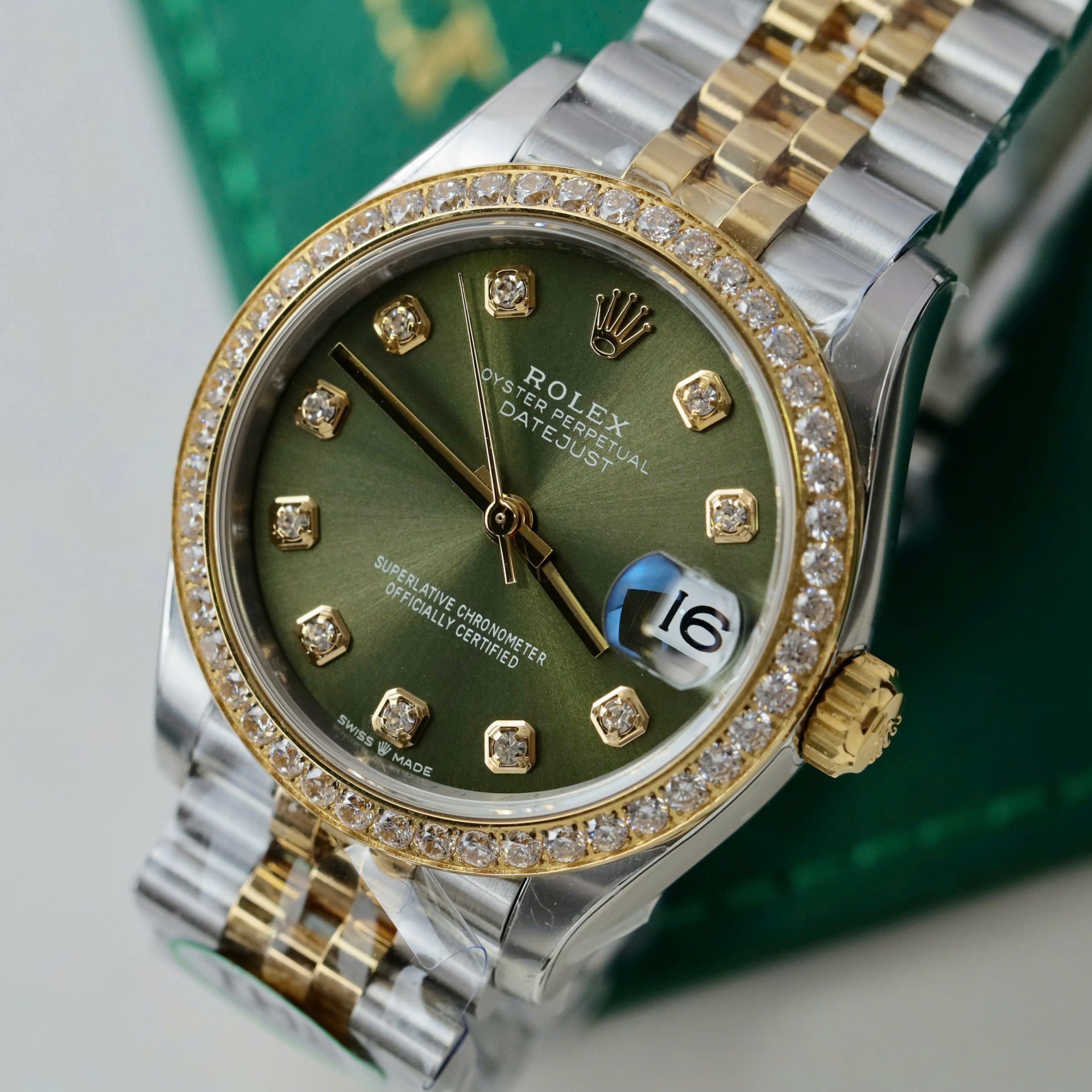 Rolex Datejust SS/YG Plated Green Dial CZ Diamonds 31mm Jub THBF Replica