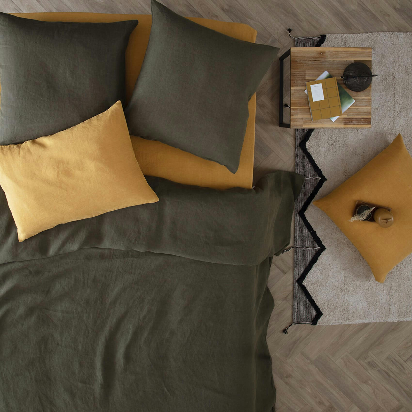 - Housse de couette en 100% lin vert foncé 260x240 cm