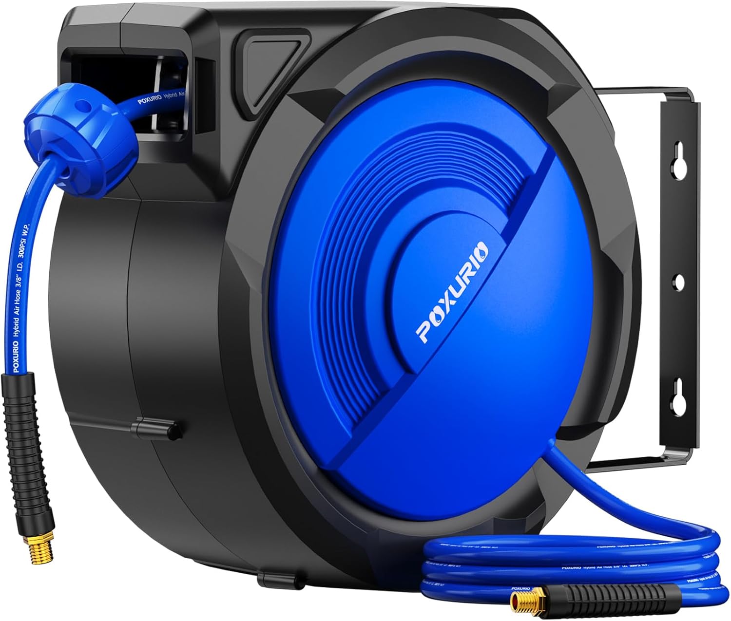 80FT+6.5FT Retractable Air Hose Reel, 3/8 Hybrid Air Hose, Air Compressor Hose Reel with Max 300 PSI Patented Design, Retractable Auto-Rewind Enclosed Heavy Duty 180° Swivel Mount