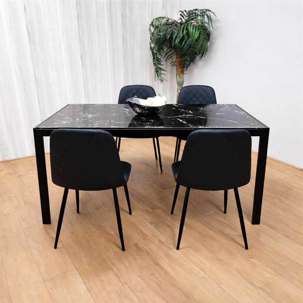 KOSY KOALA Marble Glass Dining Table with 4 Diamond Patterned Black Chairs Dining Set for 4