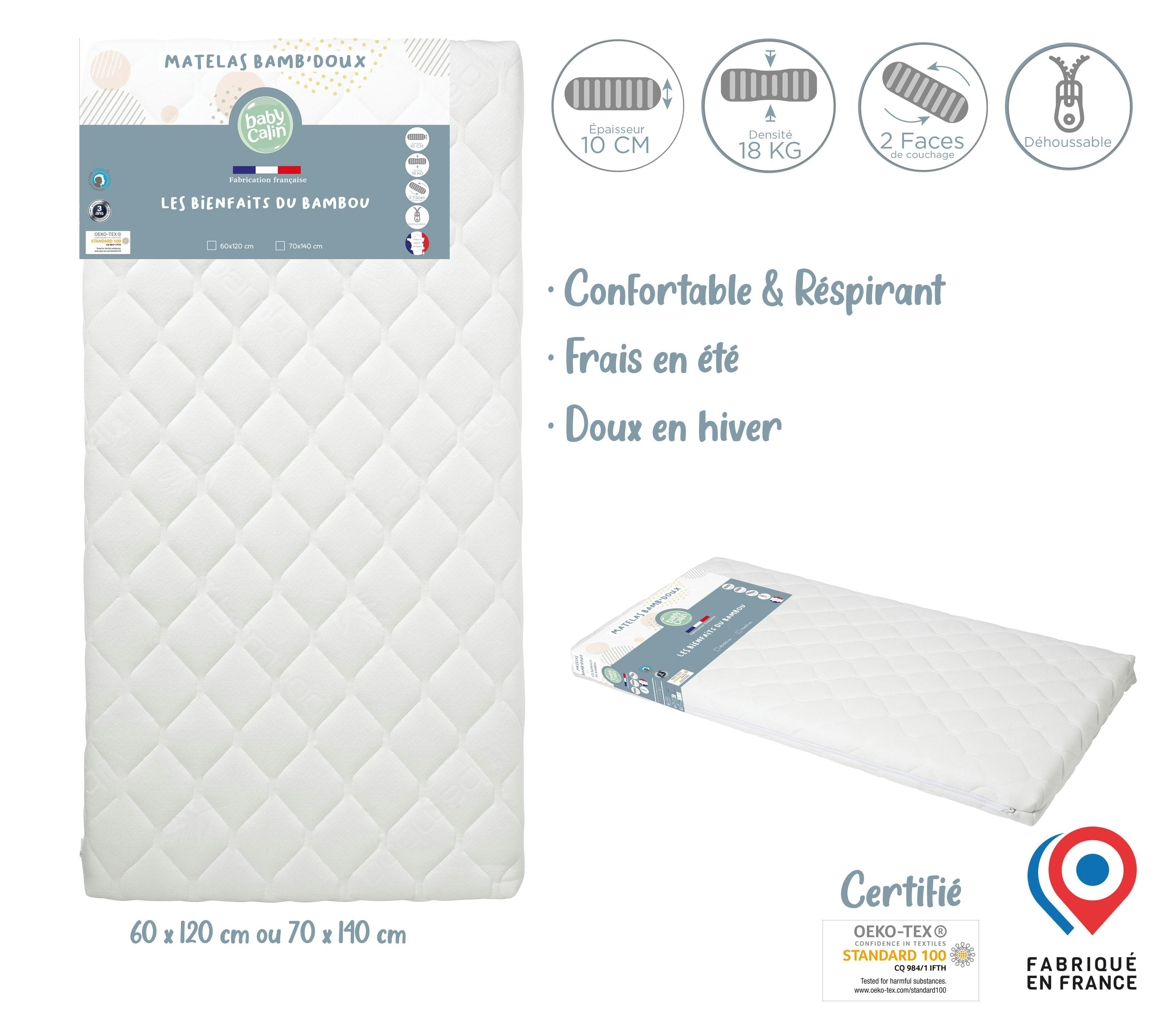 BAMB'DOUX - Matelas bébé blanc en viscose de bambou 70x140 cm
