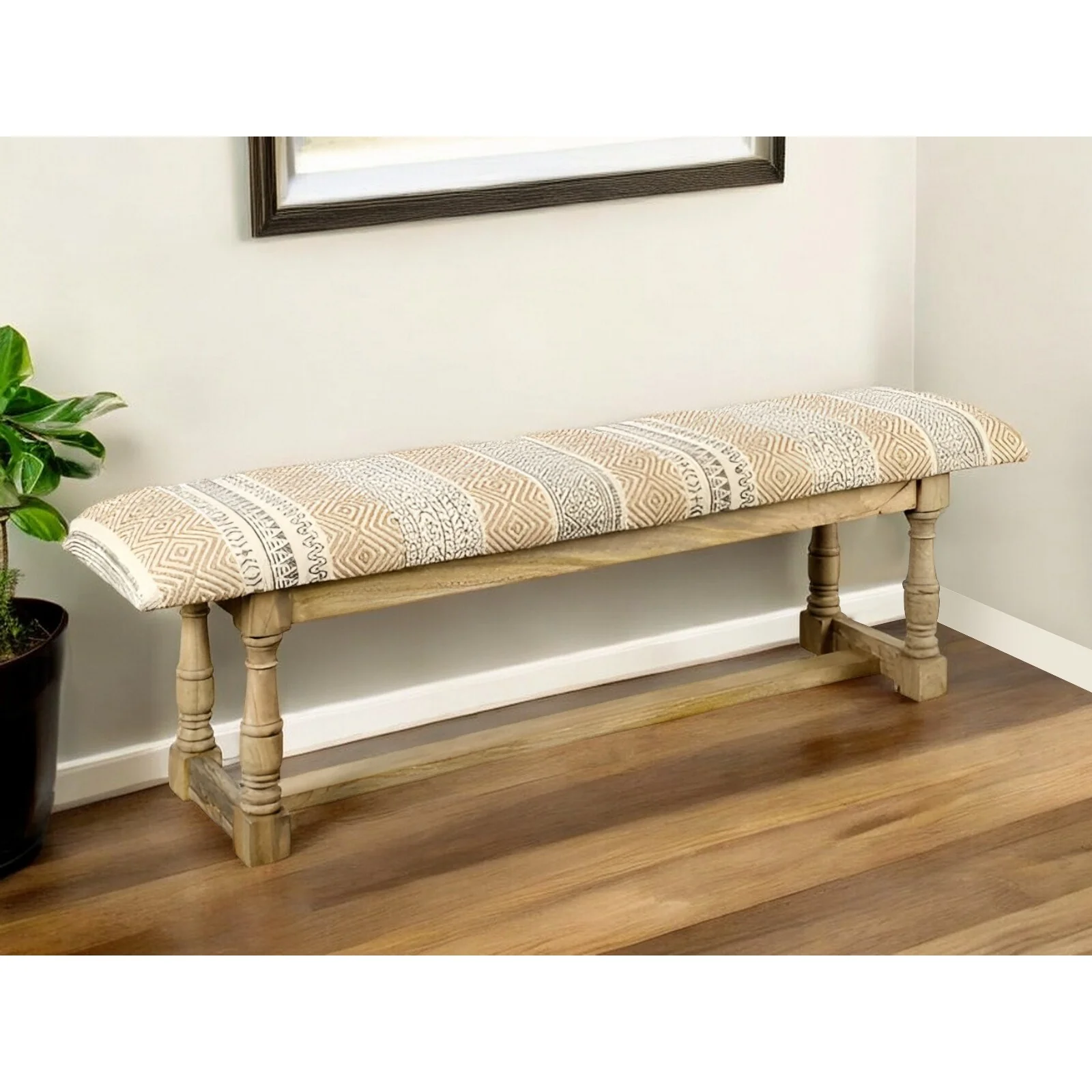 Jute Upholstered Entryway Accent Bench Brown Solid Mango Wood Geometric Pattern - 14” D x 59” W x 19” H