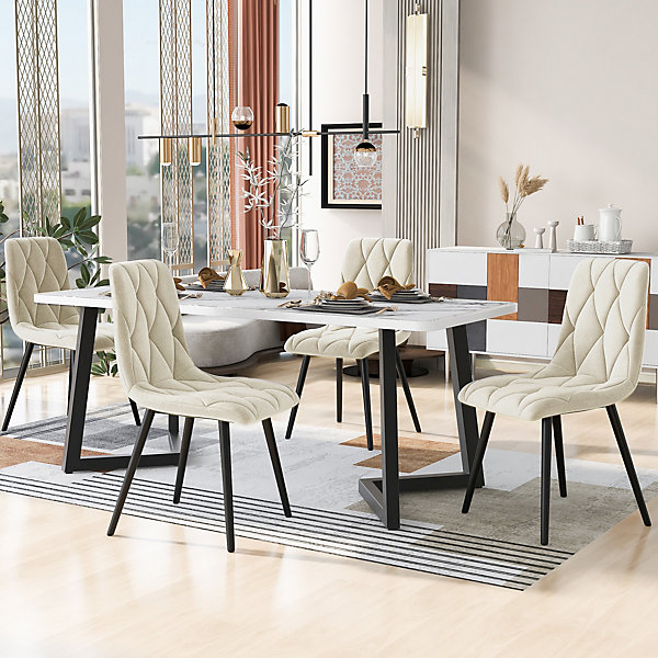 Ensemble Table et Chaises - Table Rectangulaire MDF avec 4 Chaises Velours à Motif Twill, Pieds Métal Noir, Blanc/Beige