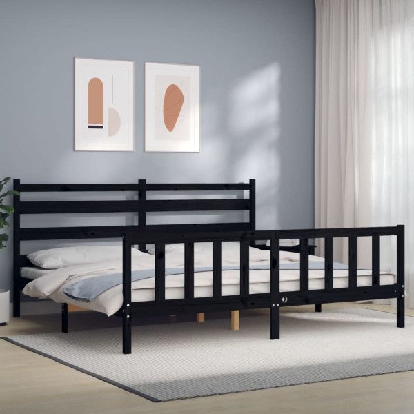 Rama łóżka z wezgłowiem czarna 200x200 cm lite drewno