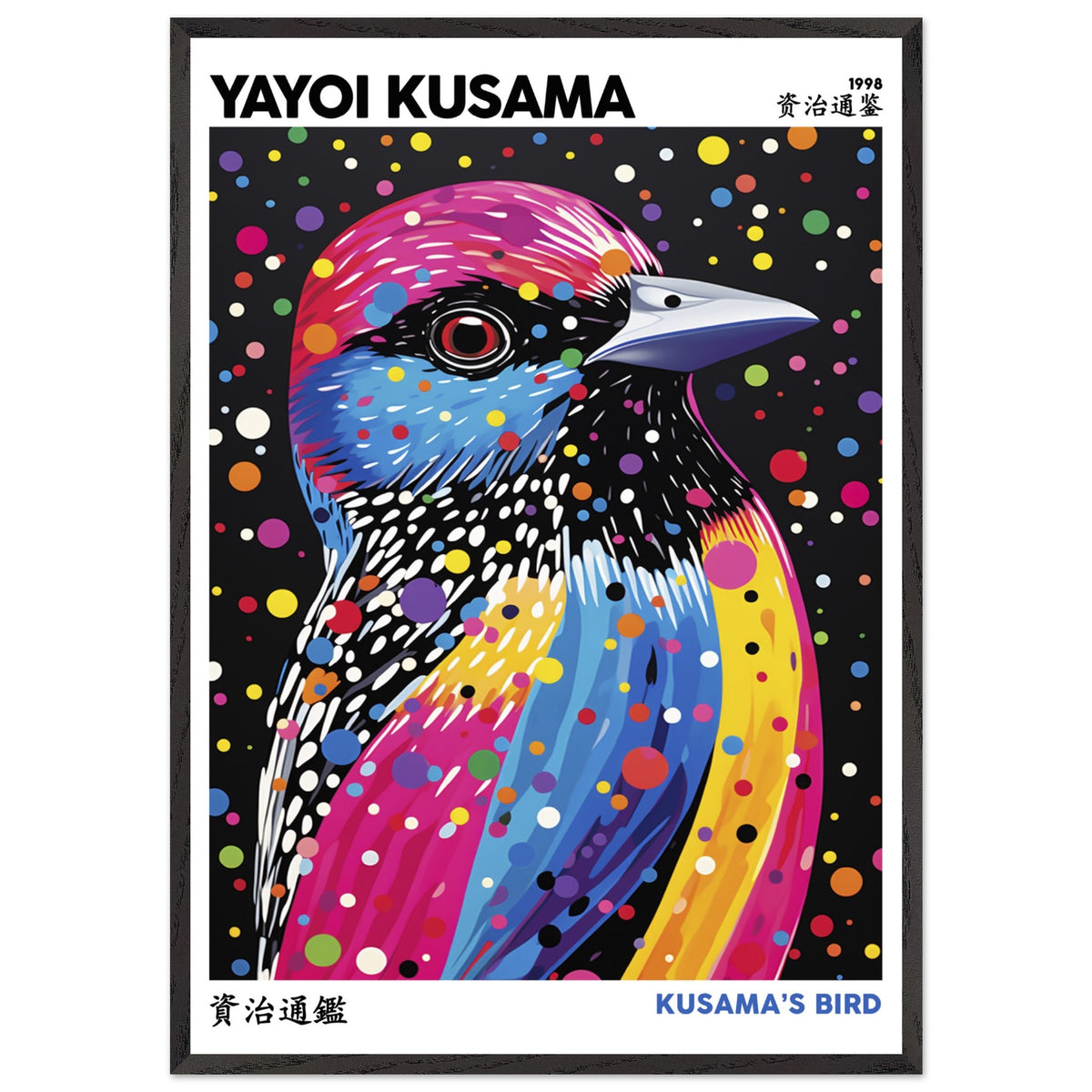 Artfulprints Poster met Lijst Yayoi Kusama - Kusama's bird  - 70x100 cm - Meerkleurig