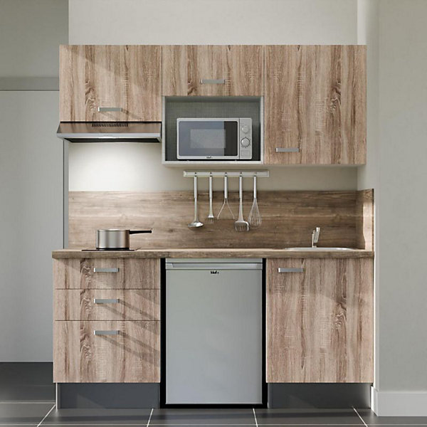 Kitchenette K20 façades Bois - Plan de travail Bois - Crédences : Oui - Evier inox - Electroménager Inox inclus
