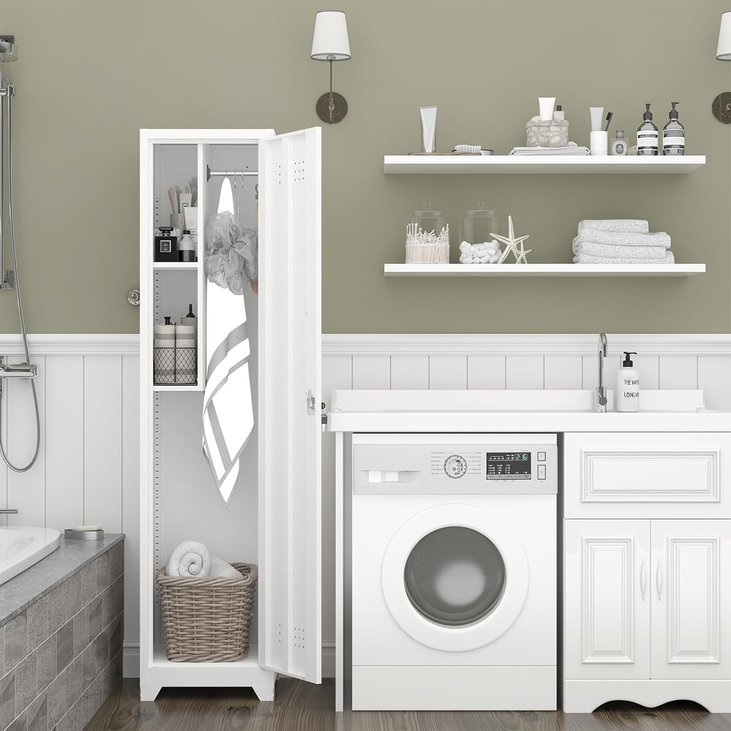 Metal Garage Storage Cabinet,Broom Closet Storage Cabinet,Utility Closet Cabinet for Broom,Garage,Kichen,White