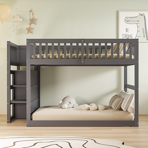 Lit Superposé 140x200 cm - Lit Junior avec Compartiments de Rangement ouverts, Cadre en Bois avec Protection, Gris