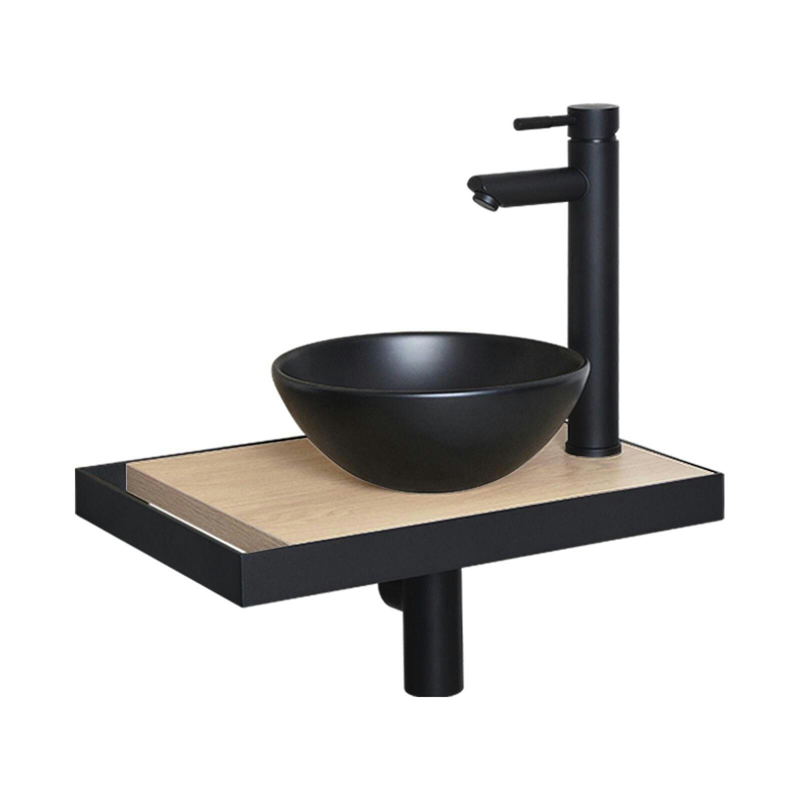 SOHO - Meuble lave-mains  plan fin p-serviette côté vasque noire + robinet