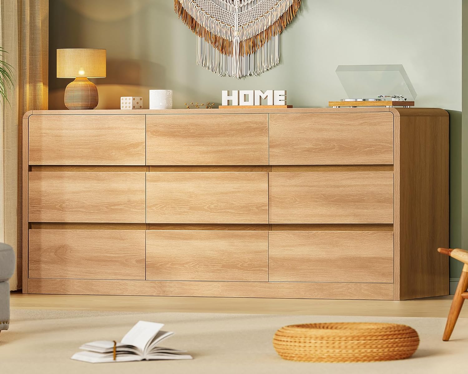 TEENFON 9 Drawer Dresser for Bedroom, 63 Wide Dressers & Chest of Drawers with Curved Profile Design, Wood Closet Storage Dressers Organizer for Bedroom, Living Room, Natural