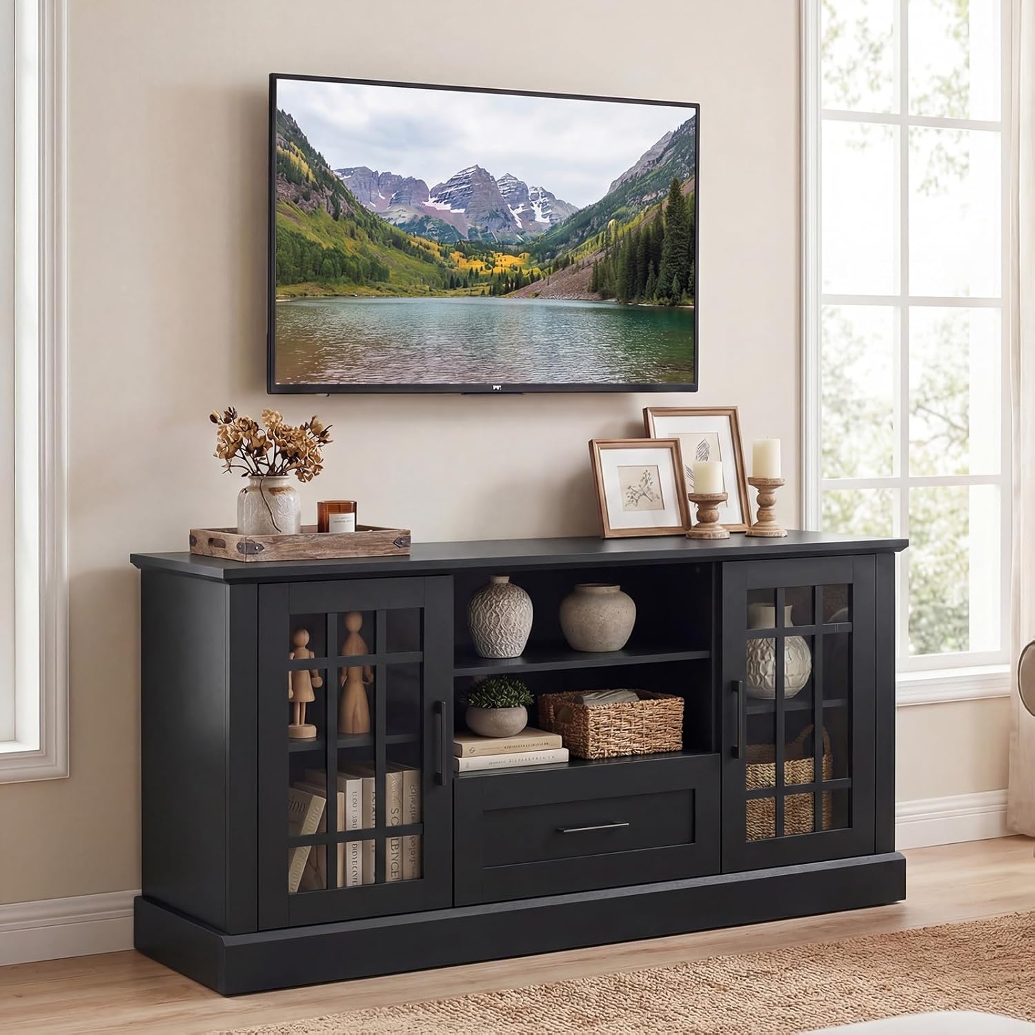 Tangkula Farmhouse TV Stand for TV up to 65 70 Inches, Tall Media Console Table with 2 Glass Storage Cabinets, 1 Drawer & 2 Open Shelves, Wooden Entertainment Center for Living Room (Black)