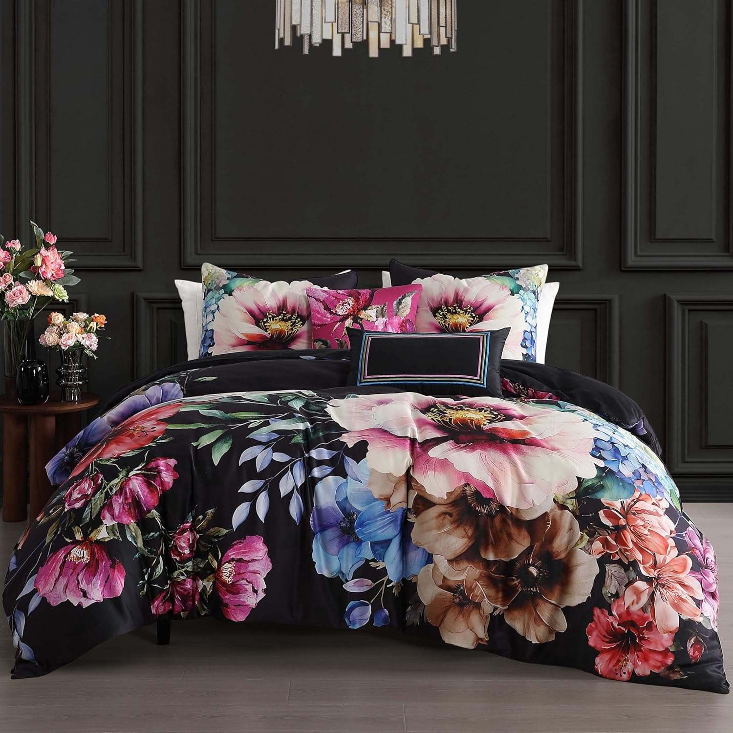 Bebejan Black Night Poppies 5 Piece Comforter Set, 100% Cotton Sateen, 220 Thread Count, Reversible Bedding Comforter Set, 1 Comforter, 2 Shams & 2 Pillows (King/Cal King)