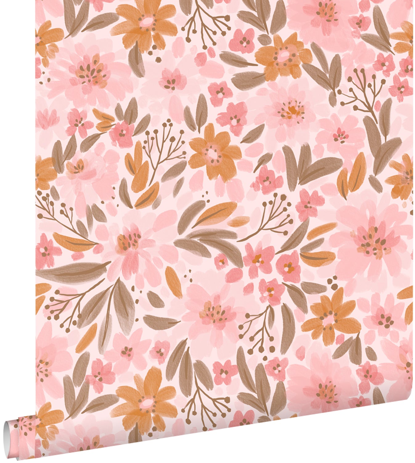ESTAhome behang bloemen roze, oranje en vergrijsd groen - 50 x 900 cm - 130925