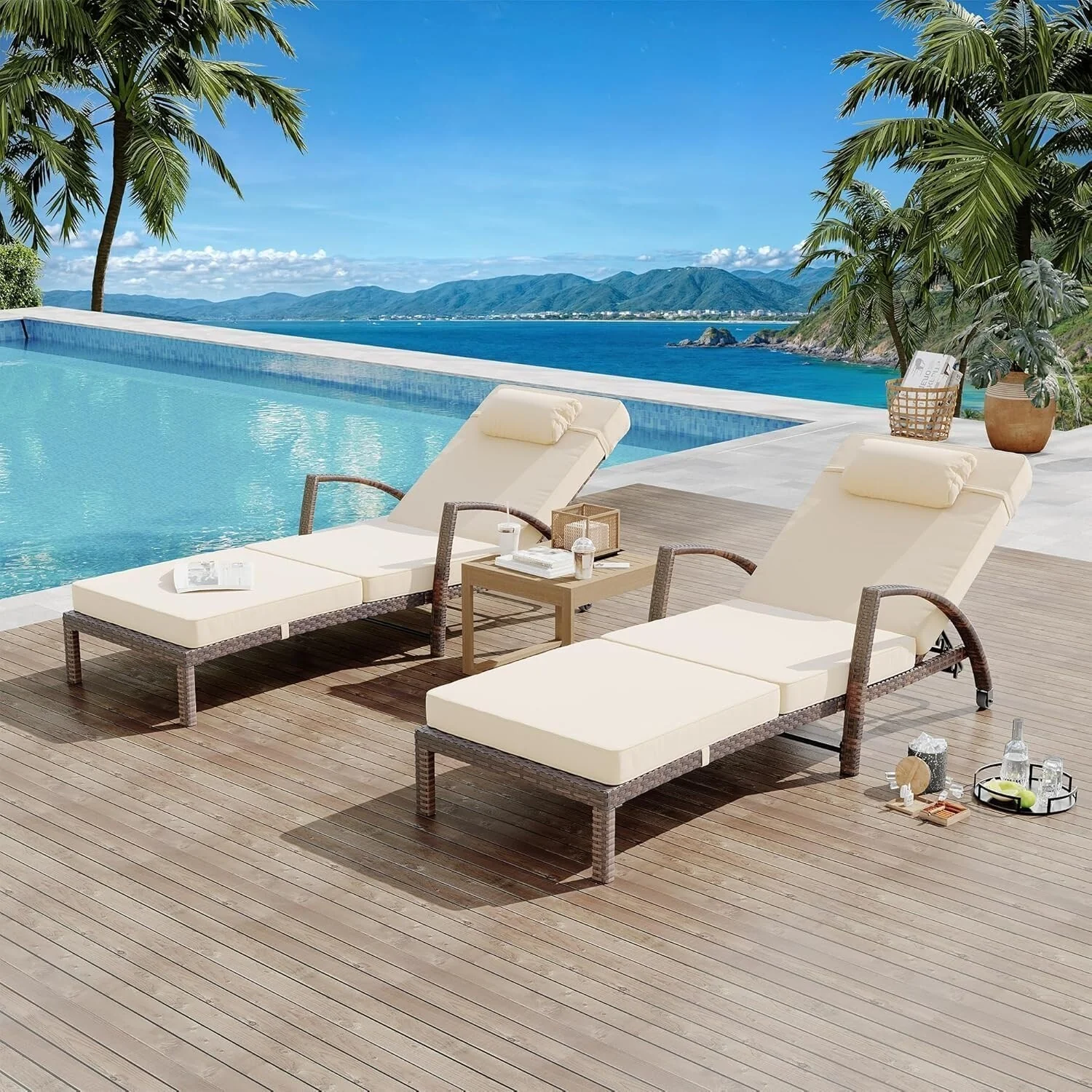 Outdoor Chaise Lounge Set of 2, PE Rattan Wicker
