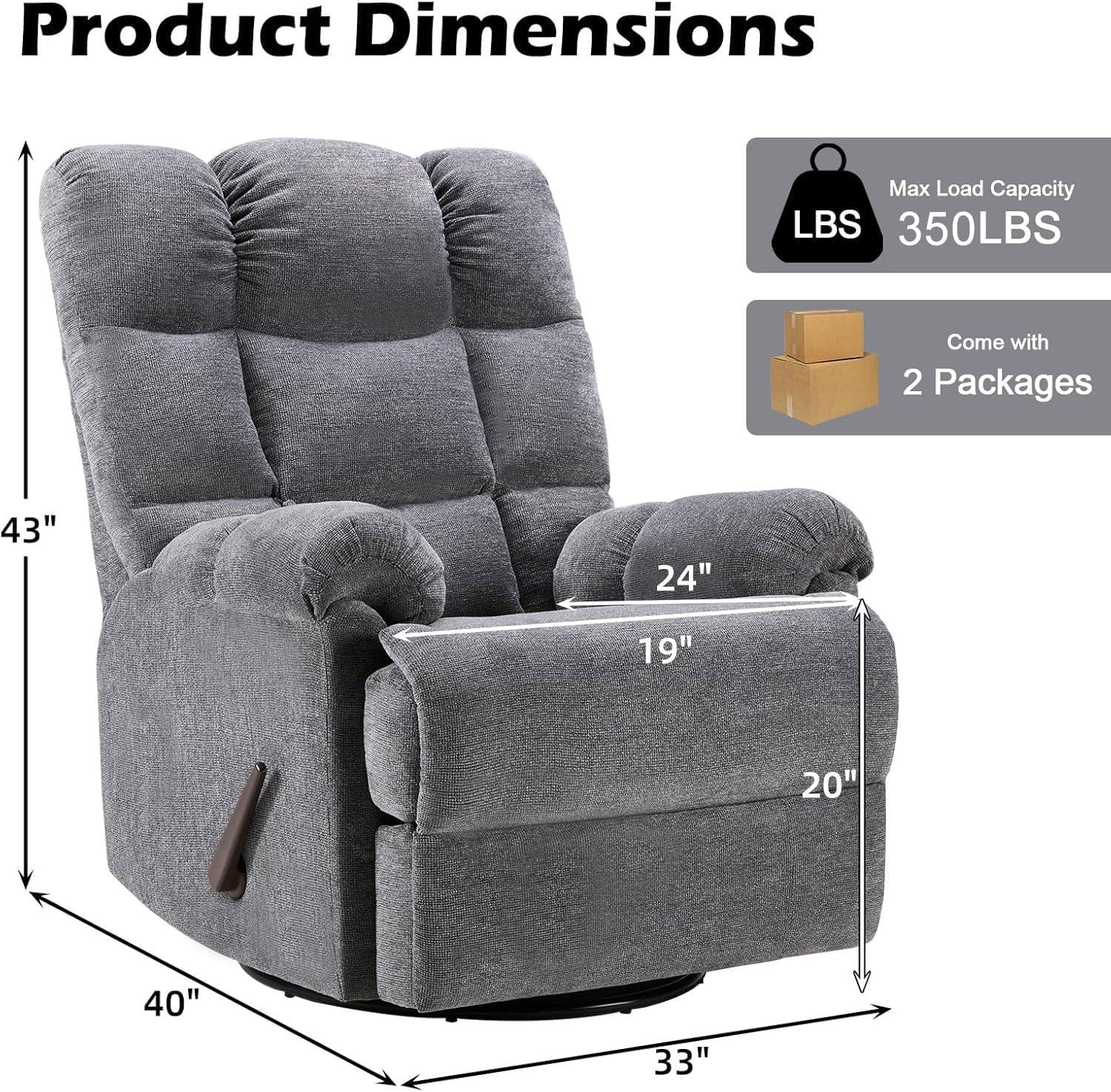 CANMOV Swivel Rocker Recliner for Adults, Glider Rocking Reclining Chair for Nursery, Manual Recliner Chair with Overstuffed Back and Arms for Living Room Bedroom Nursery, Grey