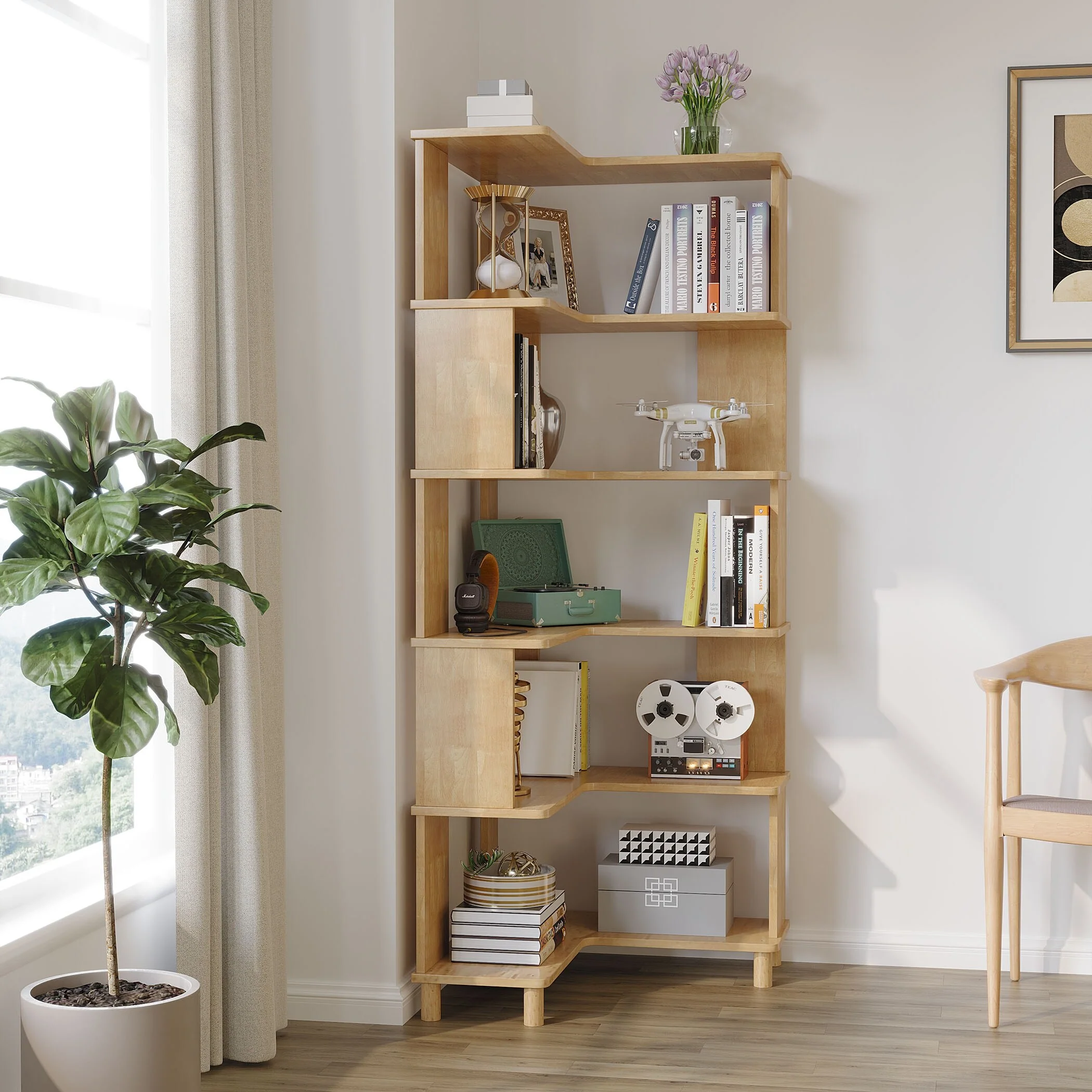6-Tier Oak Corner Bookshelf Bookcase, Multifunctional Corner Shelf