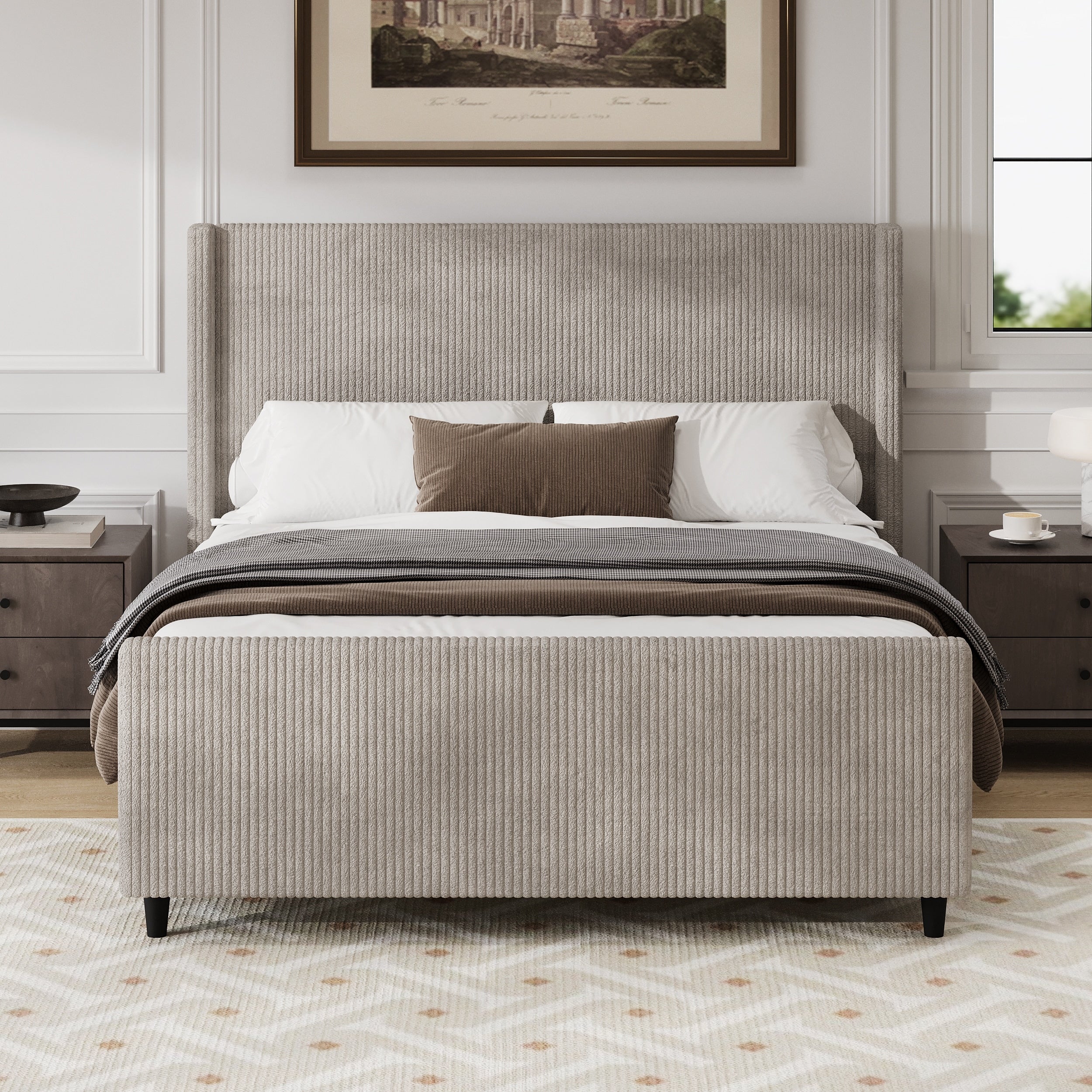 King Size Corduroy Upholstered Bed Frame with Vertical Stripe Wingback - Taupe Finish.