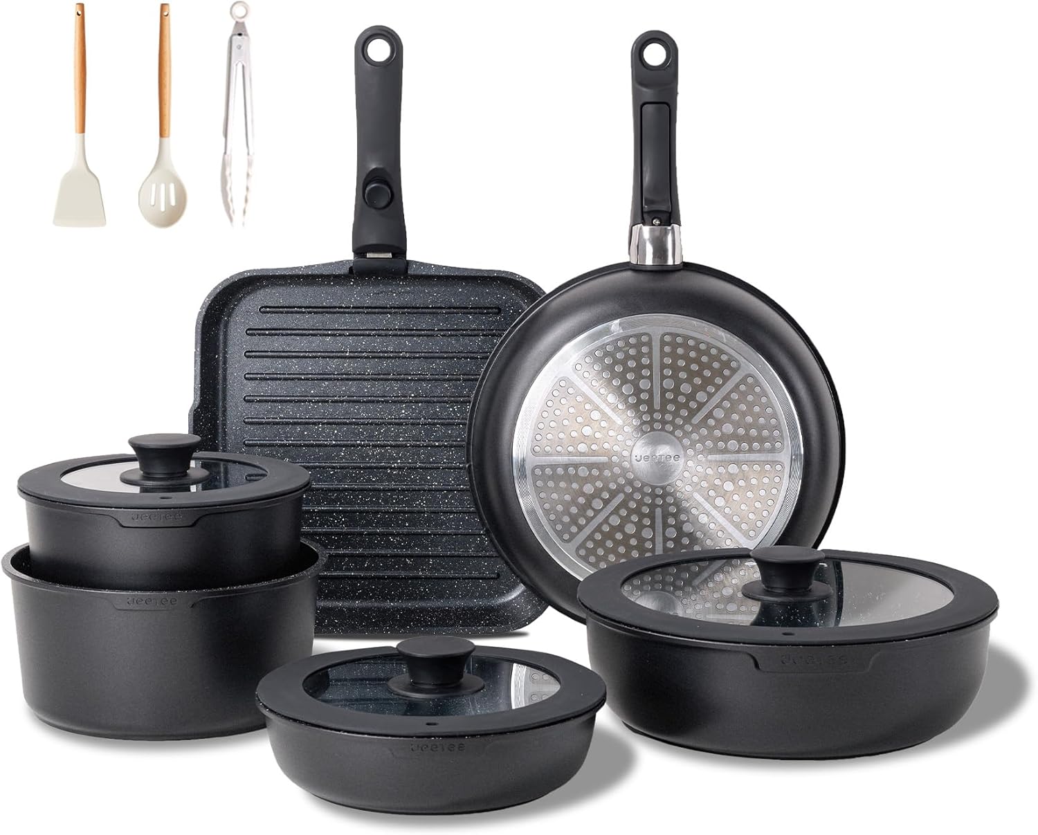 JEETEE Cookware Set (6 Essential Pots & 19 Accessories), Nonstick Pots and Pans with Detachable Handle for Induction Cooking, RV Kitchen Space Saving, PFAS Free, Black