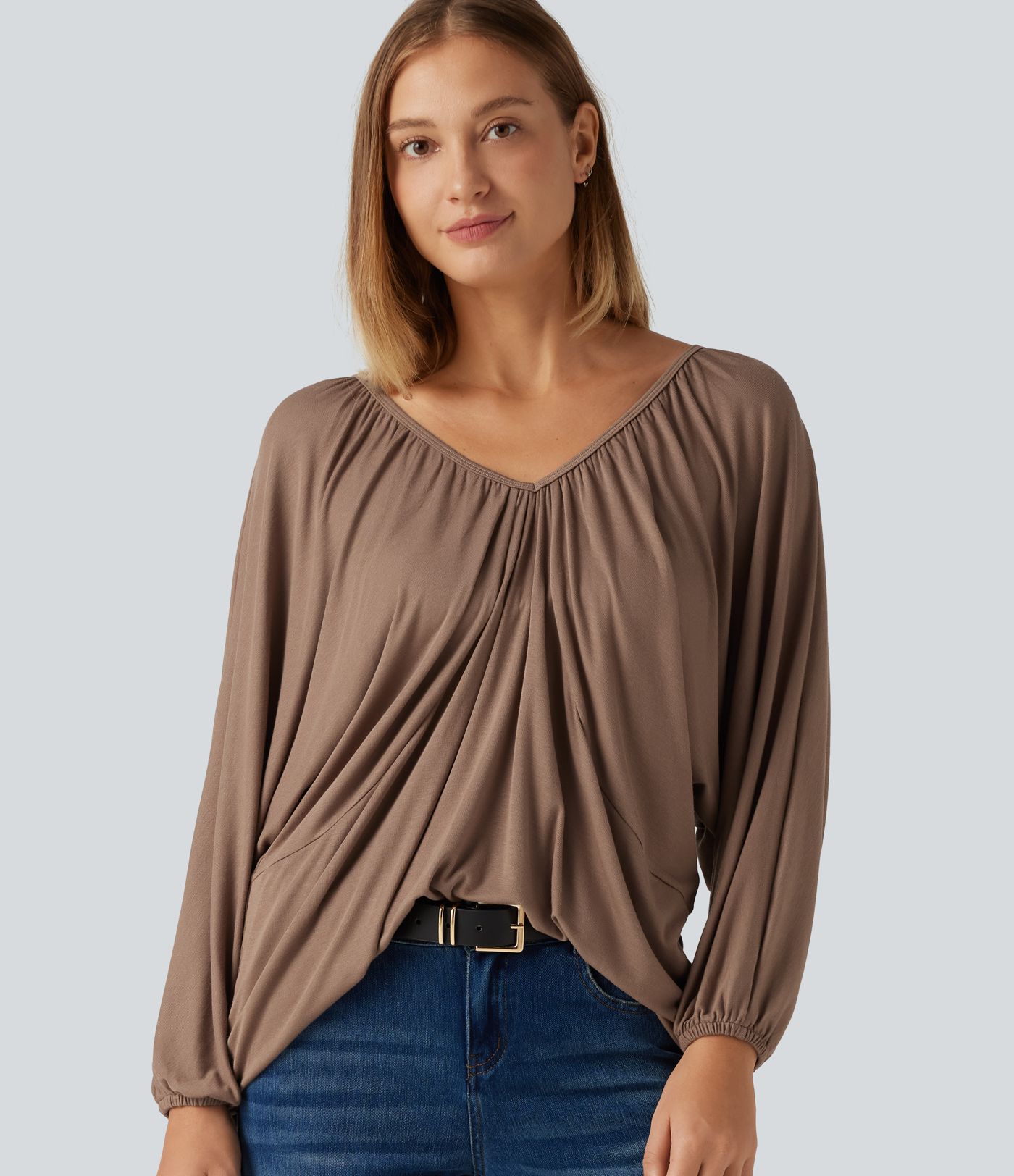 Blouse casual à encolure en V, manches chauve-souris et liens avec fronces