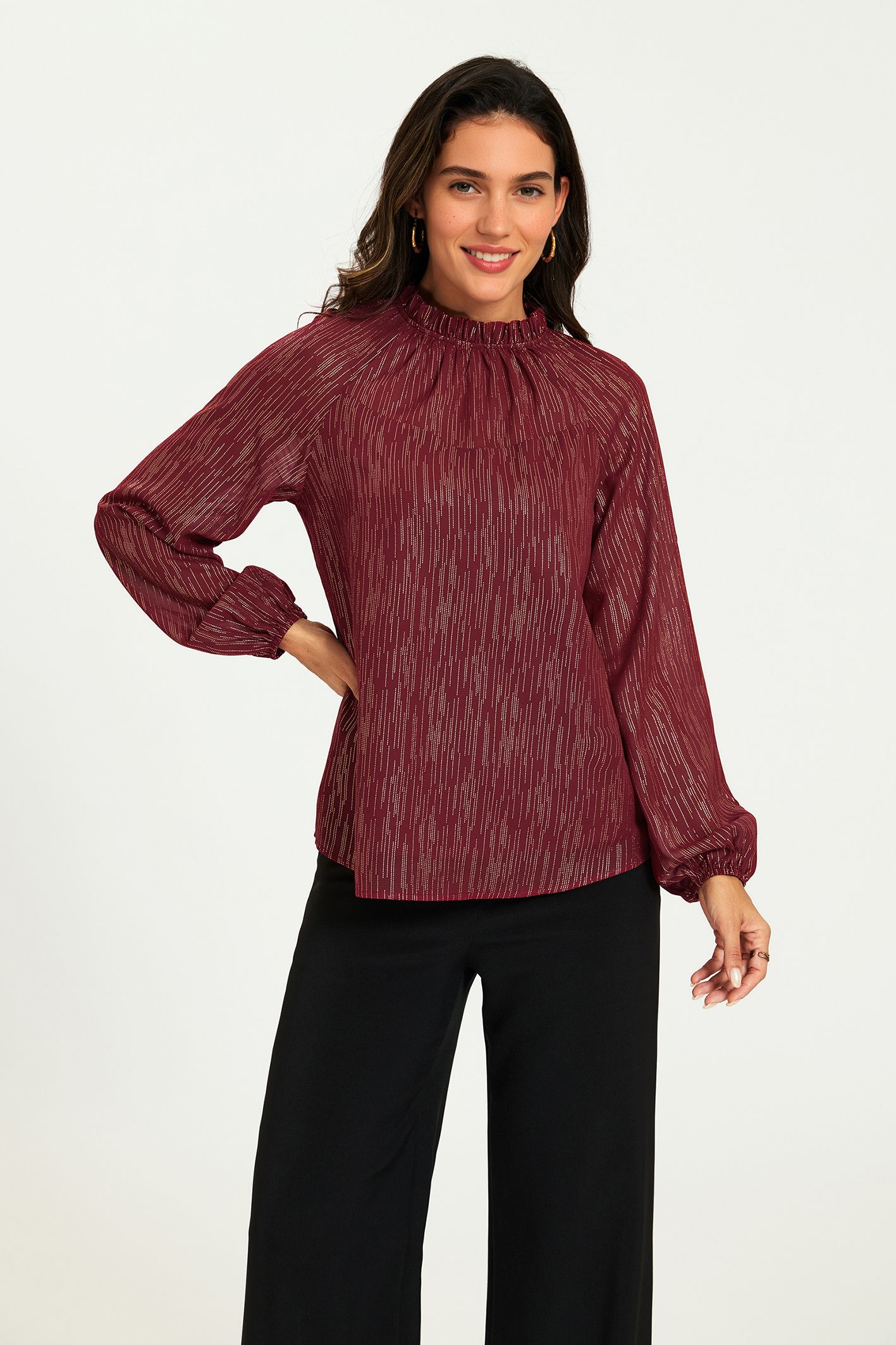 FS Collection Gold Stripe Foil Long Sleeve Frill High Neck Top In Wine