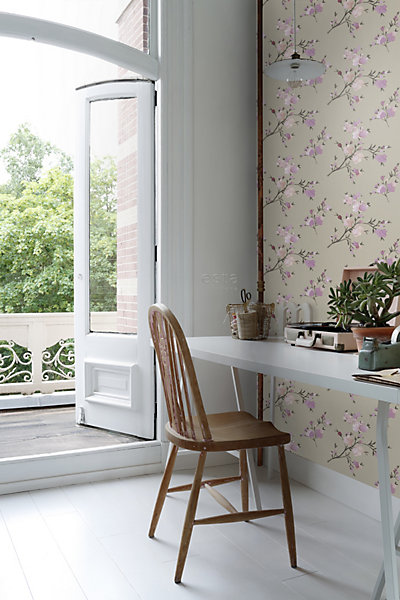 ESTAhome papier peint fleurs de cerisier taupe et violet 53 cm x 10.05 m