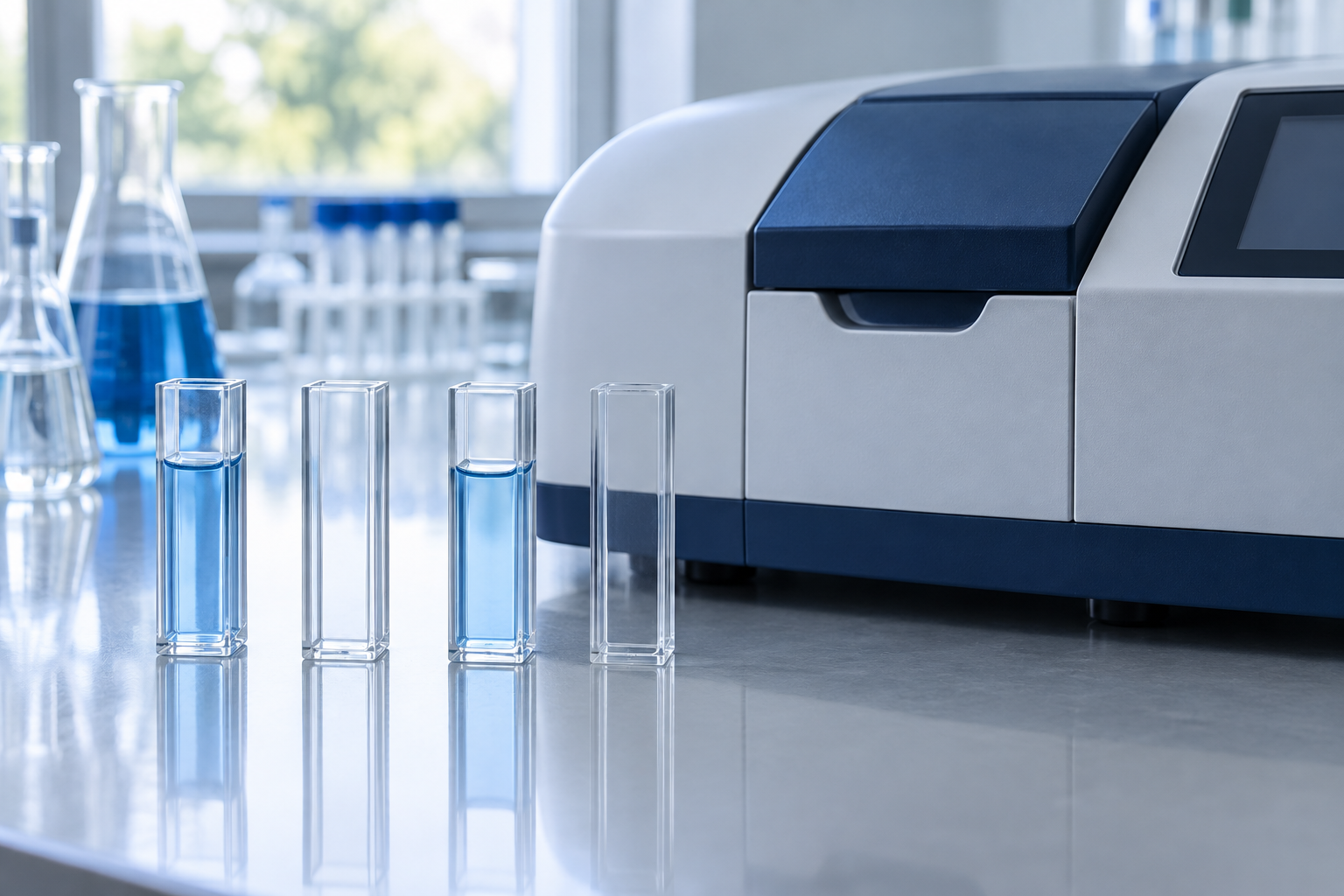 Illustrative laboratory scene showing glass cuvettes with pale blue liquid beside a spectrophotometer.