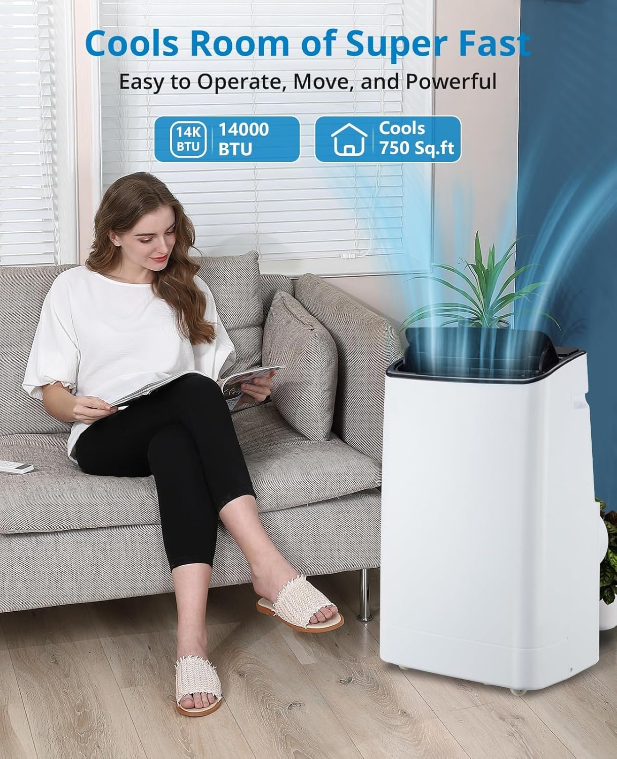 14,000 BTU Portable Air Conditioner Cools Up to 750 Sq.Ft, 3-IN-1 Quiet Portable AC Unit with Remote Control & Installation Kits for Large Room, Smart/Sleep Mode, Auto Swing, 24H Timer