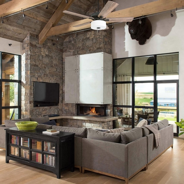 The Gray Barn Hatekin Farmhouse 52-inch Aged Bronze LED Ceiling Fan in Linen Drum Light in 3-speed Remote