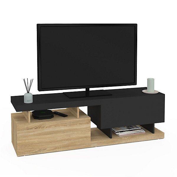 Meuble TV 140 cm ANGULO 2 portes effet bois et noir