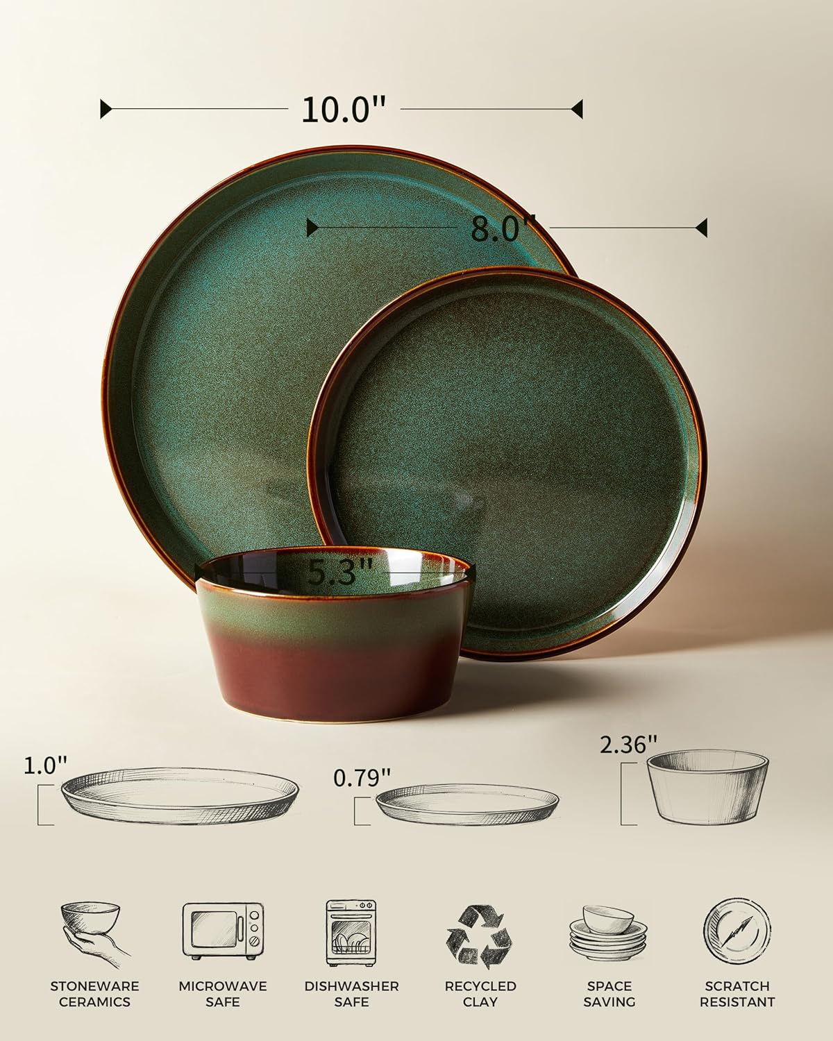 Pokini Plates and Bowls Sets for 6, Ceramic Dinnerware Sets, Kitchen Dish Set, Microwave & Dishwasher Safe Dishware, Highly Durable Reactive Glazed Dinner Set, Brown Green