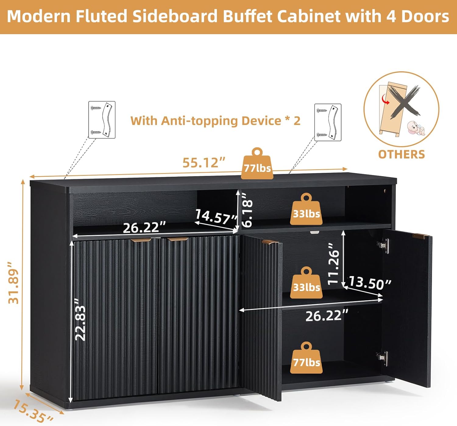 LEYAOYAO Fluted Buffet Cabinet with Storage, 55 Wide Wood Sideboard Credenza with 4 Doors & Open Storage Shelf, Modern Kitchen Console Accent Cabinets, Coffee Bar Table for Dining Room, Black Oak