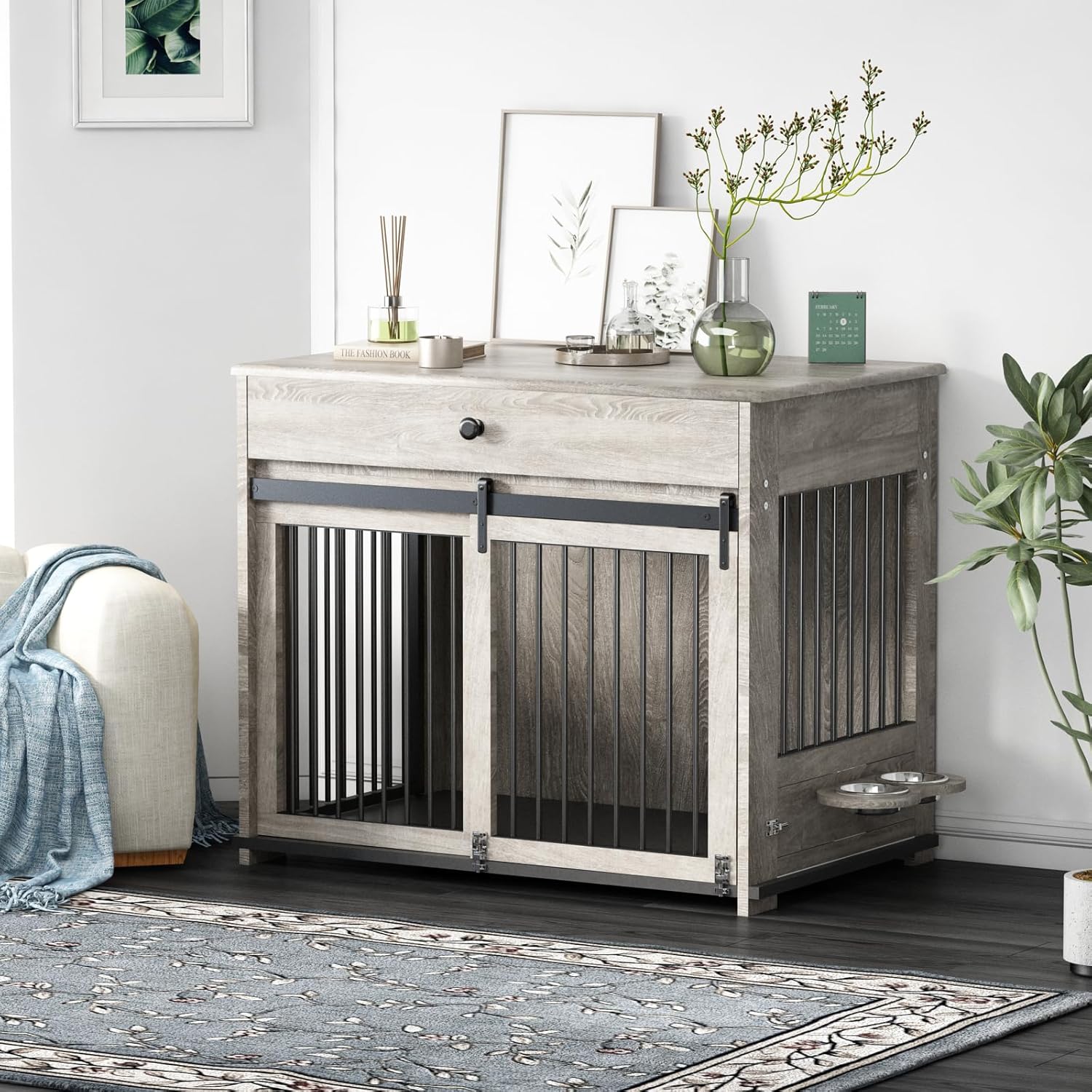 Wooden dog cage furniture, indoor kennel, with flip-up door, 360掳 rotating dog bowl and storage drawer, suitable for medium to large-sized dogs, durable dog cage, white.
