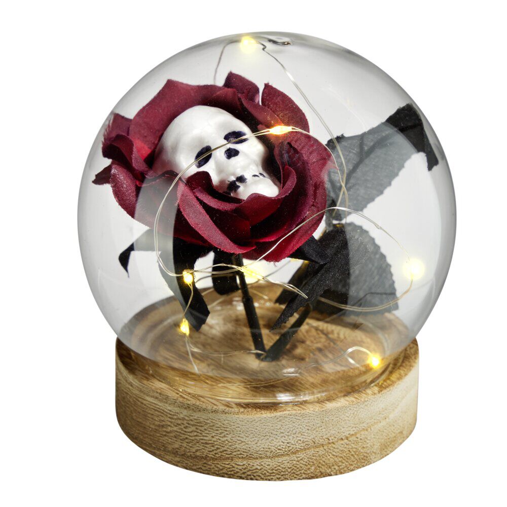 Décoration Halloween fleur immortelle LED sous bocal avec tête de mort Ø12cm