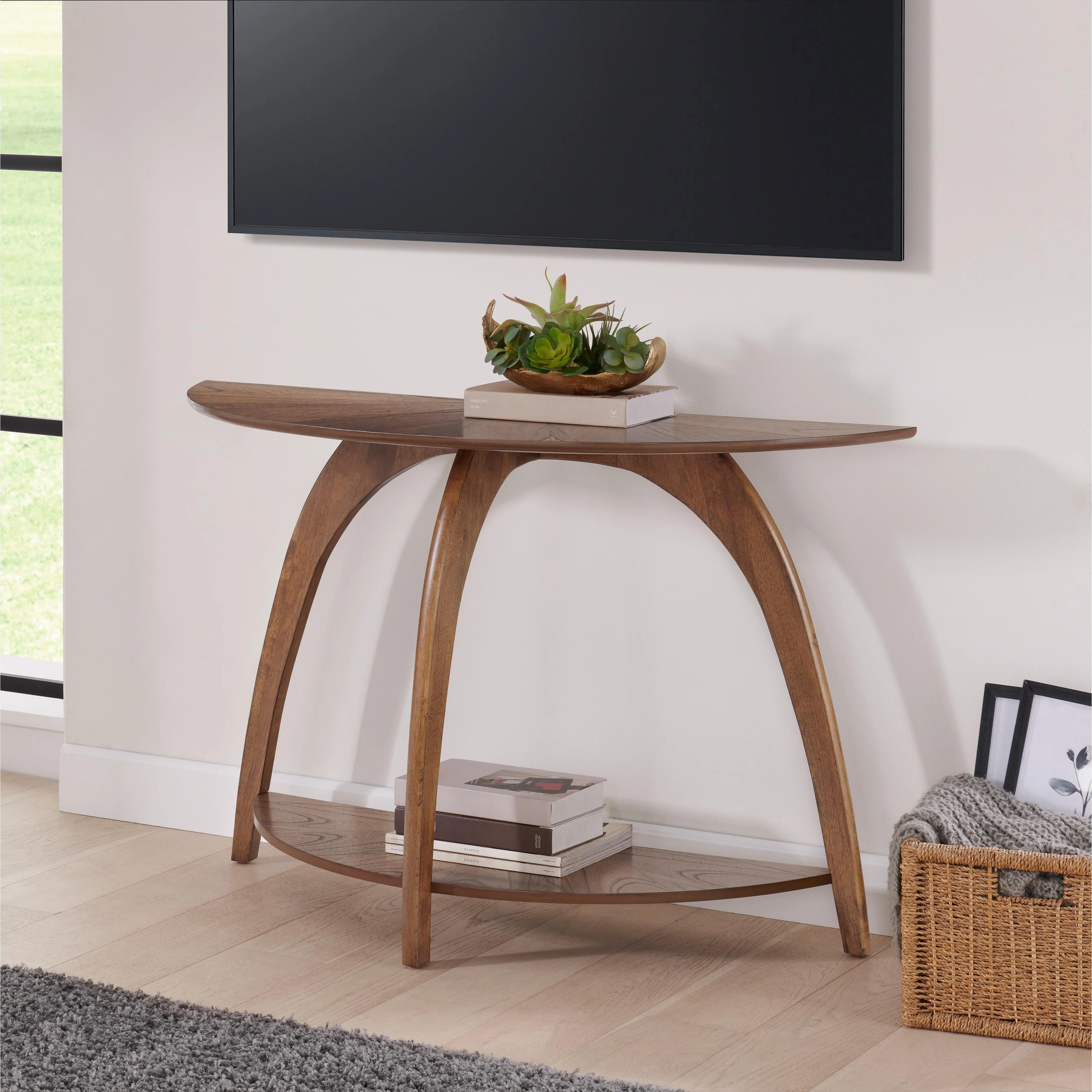 LAX Nutmeg Brown Wood Half-Moon Sofa Console Table with Storage