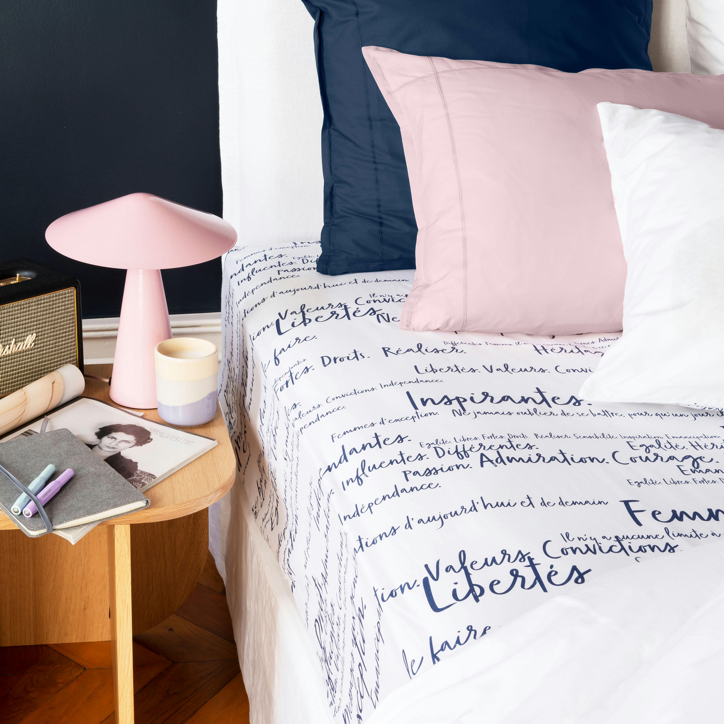 SIMONES - Drap housse percale de coton imprimé bleu 180 x 200 cm