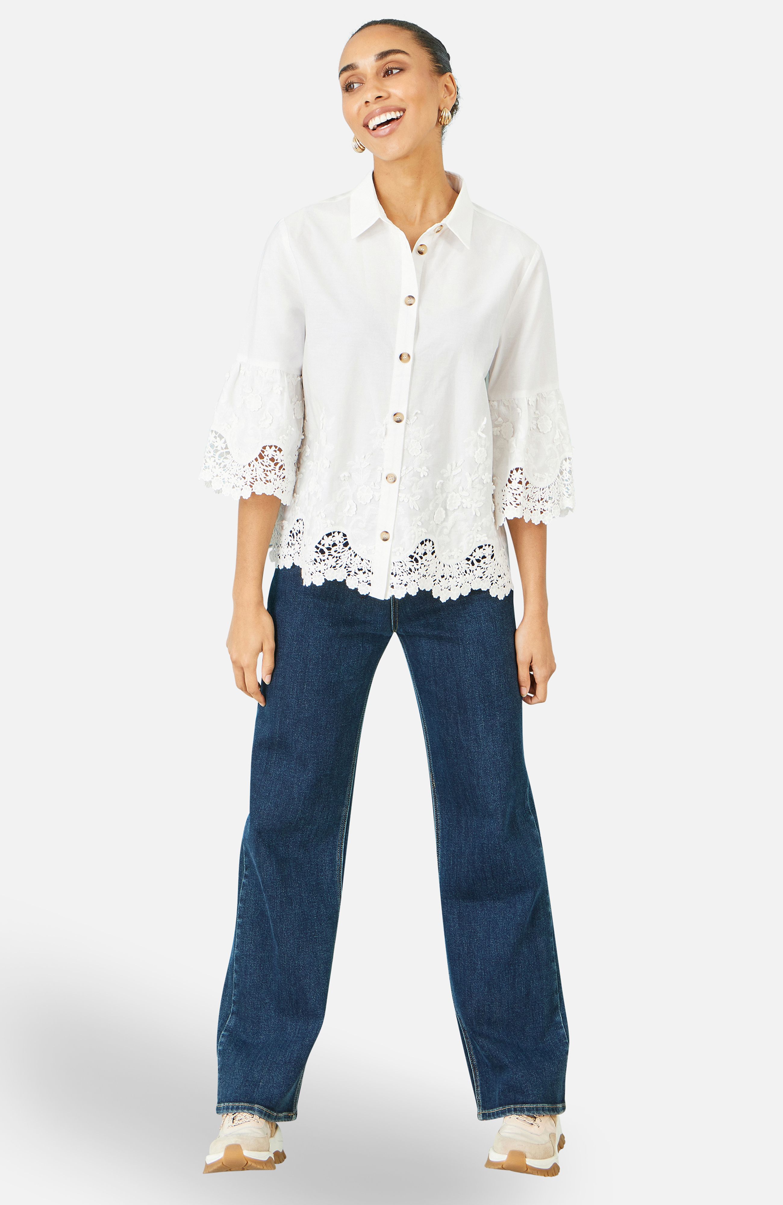 Yumi White Cotton Lace Border Shirt