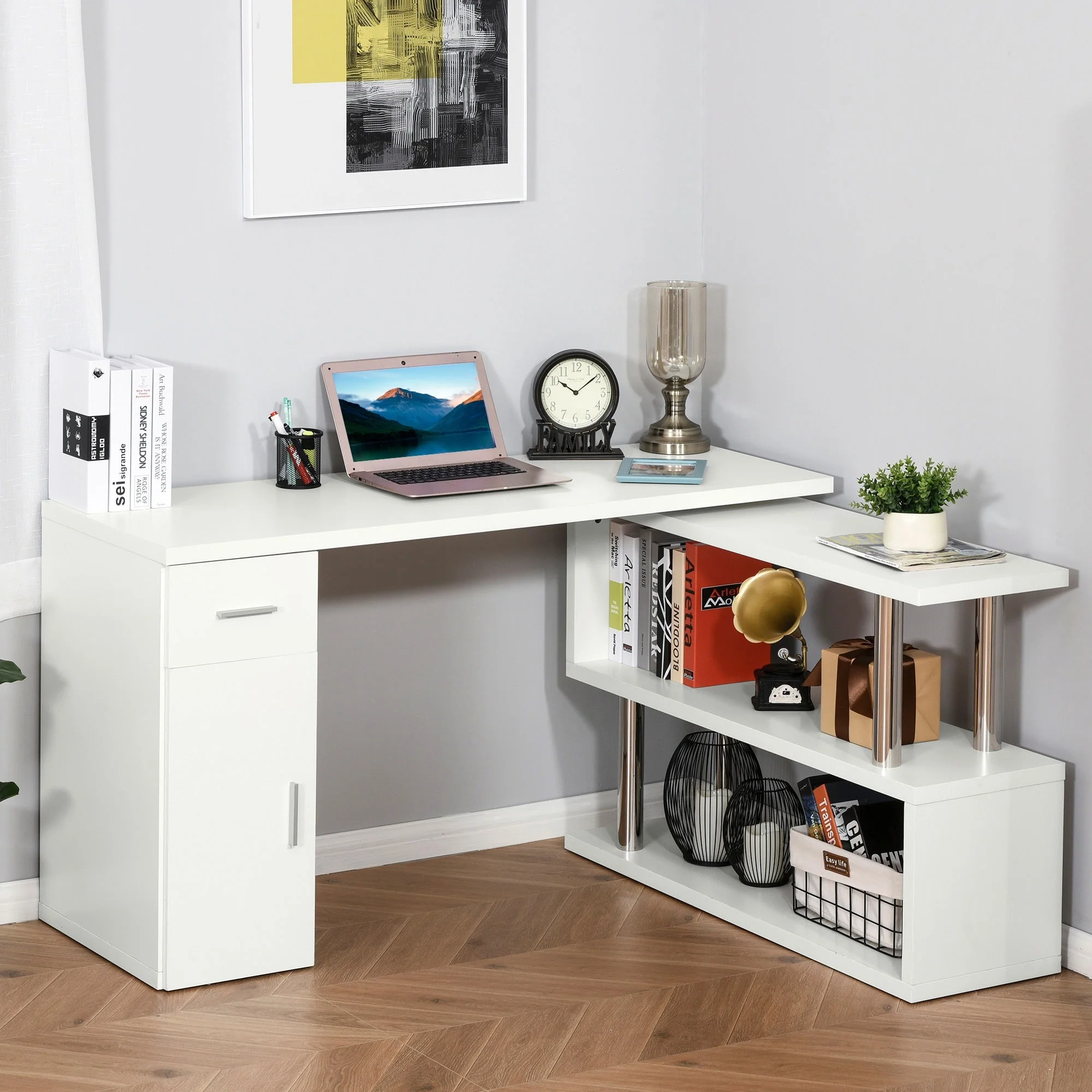 HOMCOM L-Shaped Rotating Computer Desk Home Office Study Workstation with Storage Shelves, Cabinet and Drawer for Home & Office