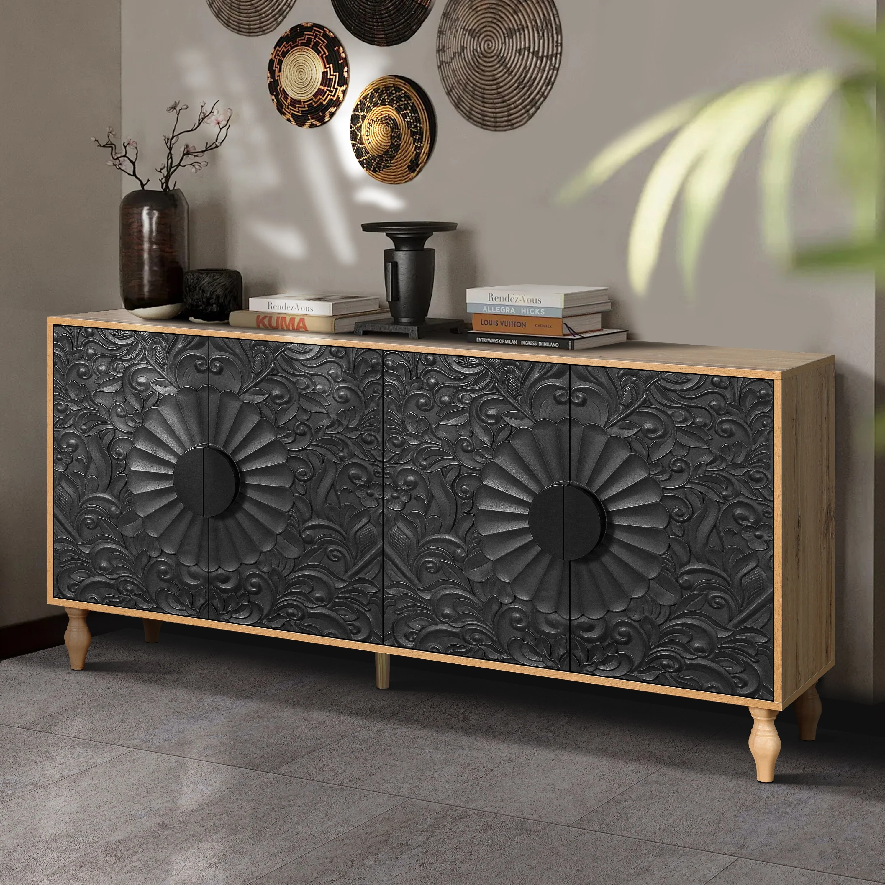 Black+Natural 63 Accent TV Stand with Carved Doors & Wood Legs for Living Room