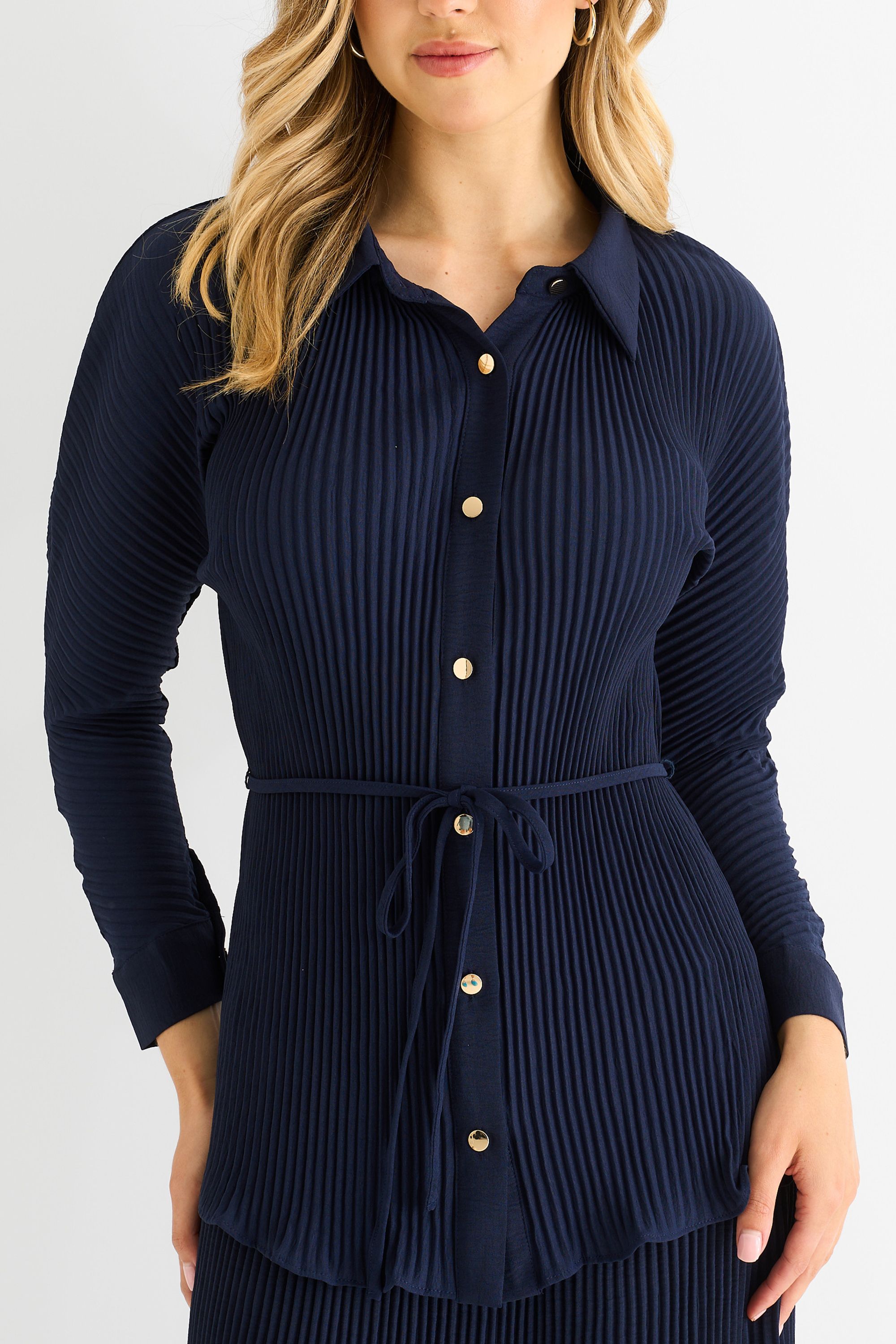 Gini London Navy Plisse Button Through Shirt