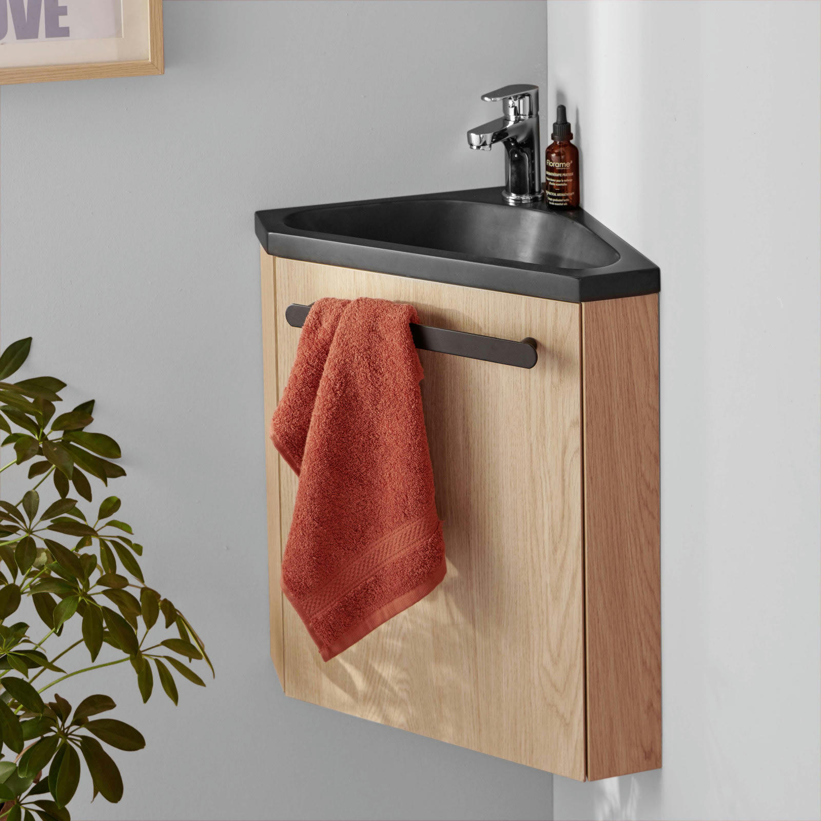 SKINO - Meuble lave-mains  décor chêne avec vasque noire + robinet chromé