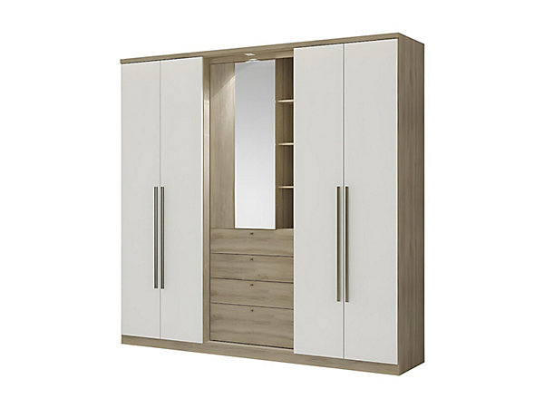 Armoire ISAK II - 4 portes - Miroir et tiroirs - L240 cm - Chêne et ivoire