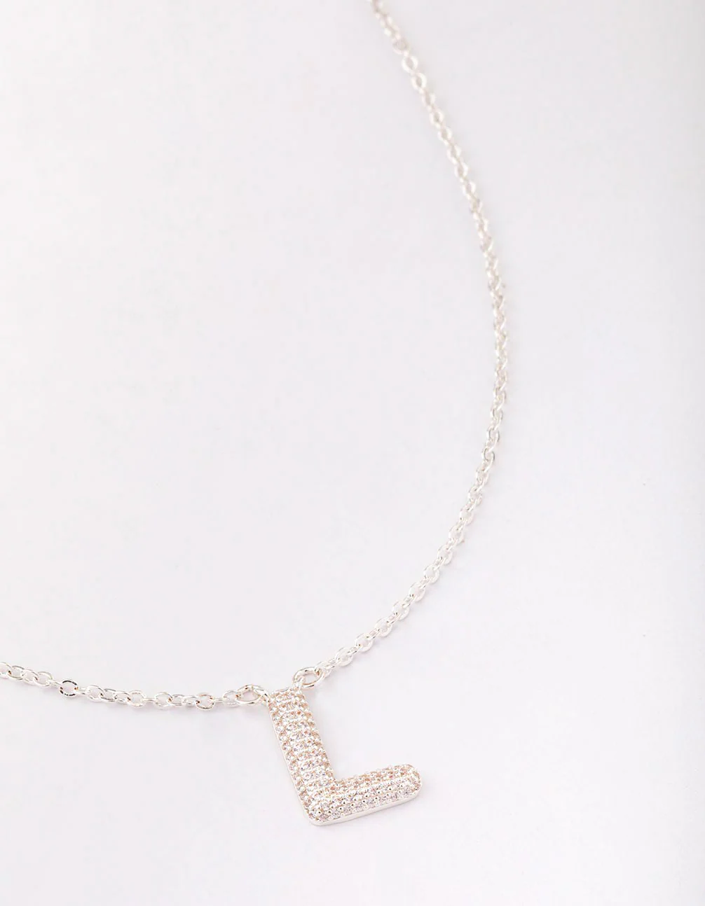 Silver Plated Letter L Pave Pendant  Necklace
