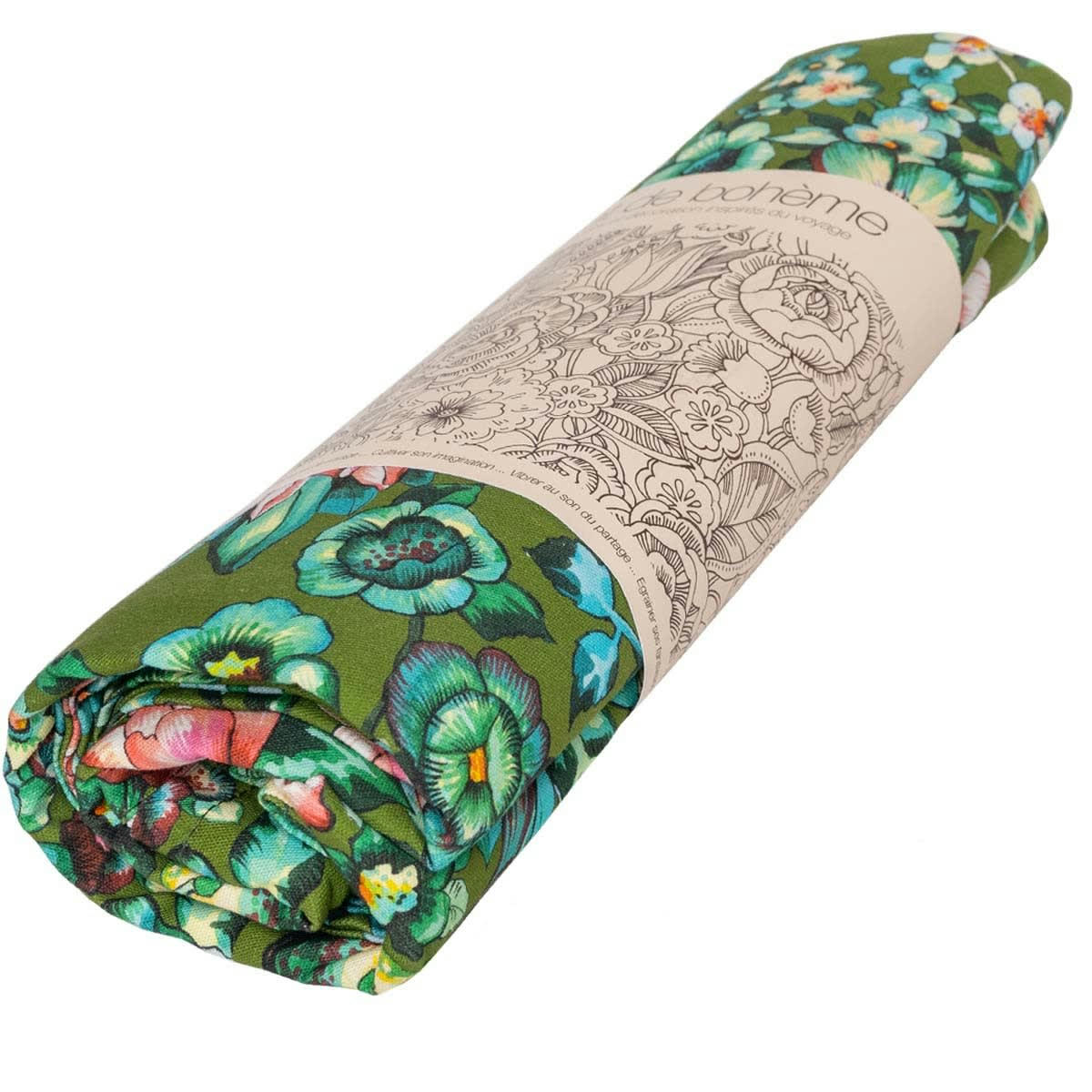 NILA - Nappe grand format en coton imprimé fleuri kaki 140x235