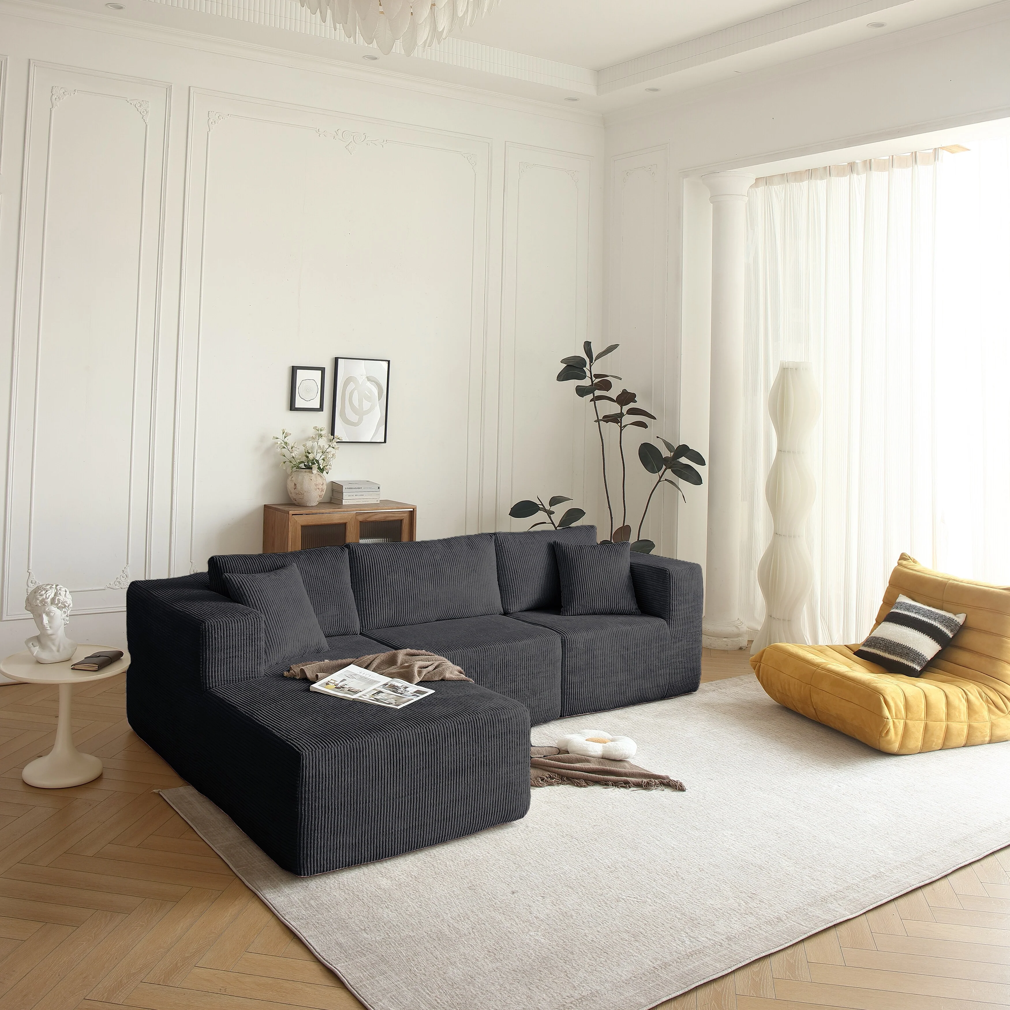 Sectional Sofa and Module, Mid-Century Modern L Shaped Couches 3-Seat Sofa Grey Left