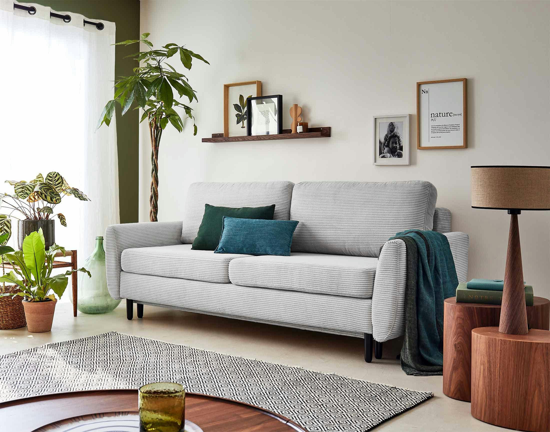 DAN - Canapé droit convertible 3 places en velours côtelé gris clair